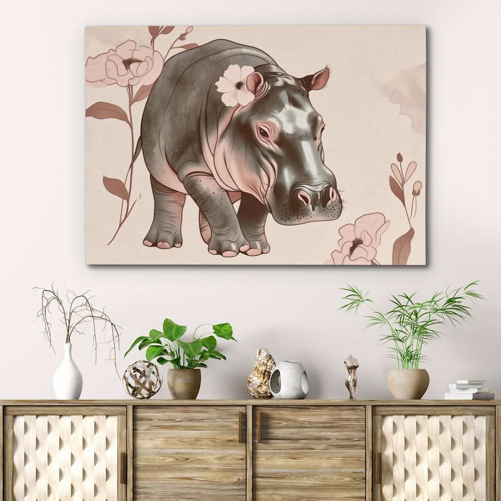 Blooming Hippo - Beige Wall Art for Nursery