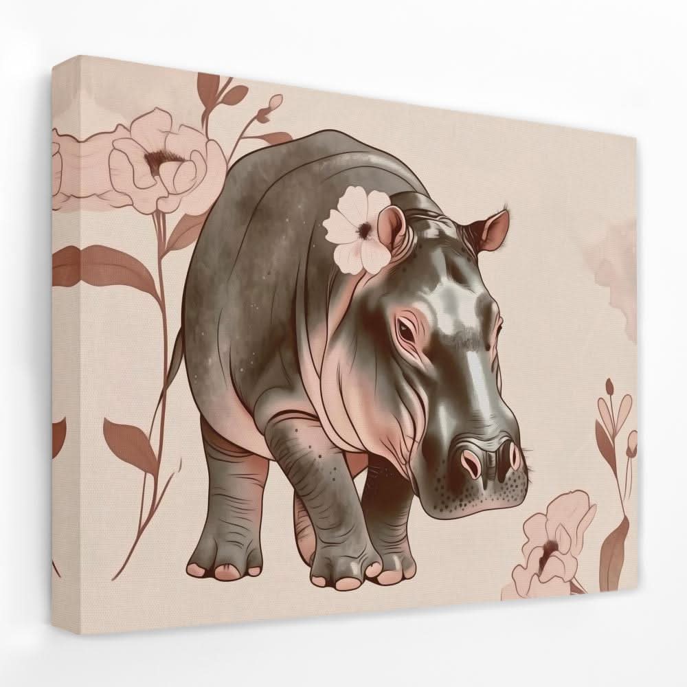 Blooming Hippo - Animals Canvas Wall Art