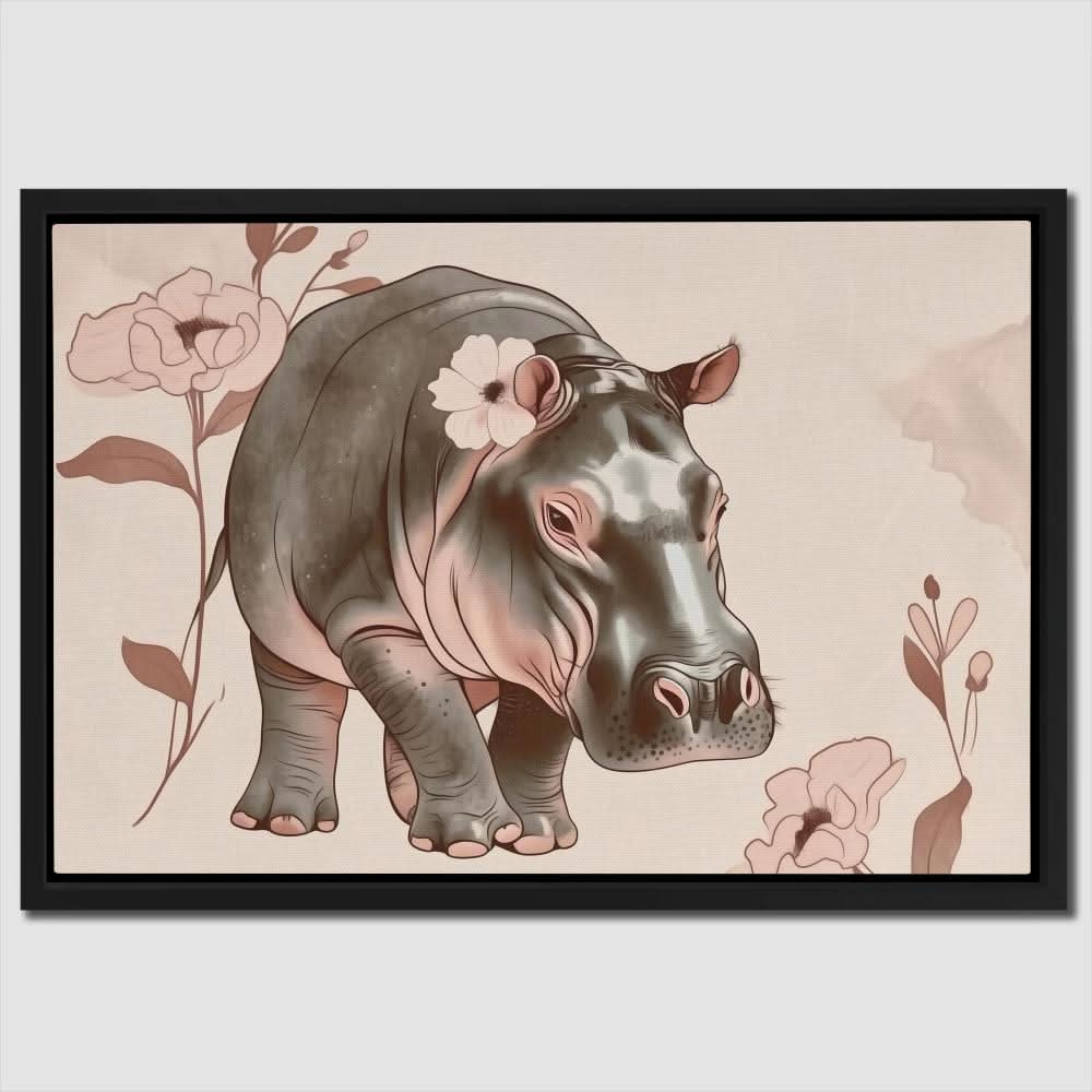 Blooming Hippo - Botanical Wall Art in Black Frame