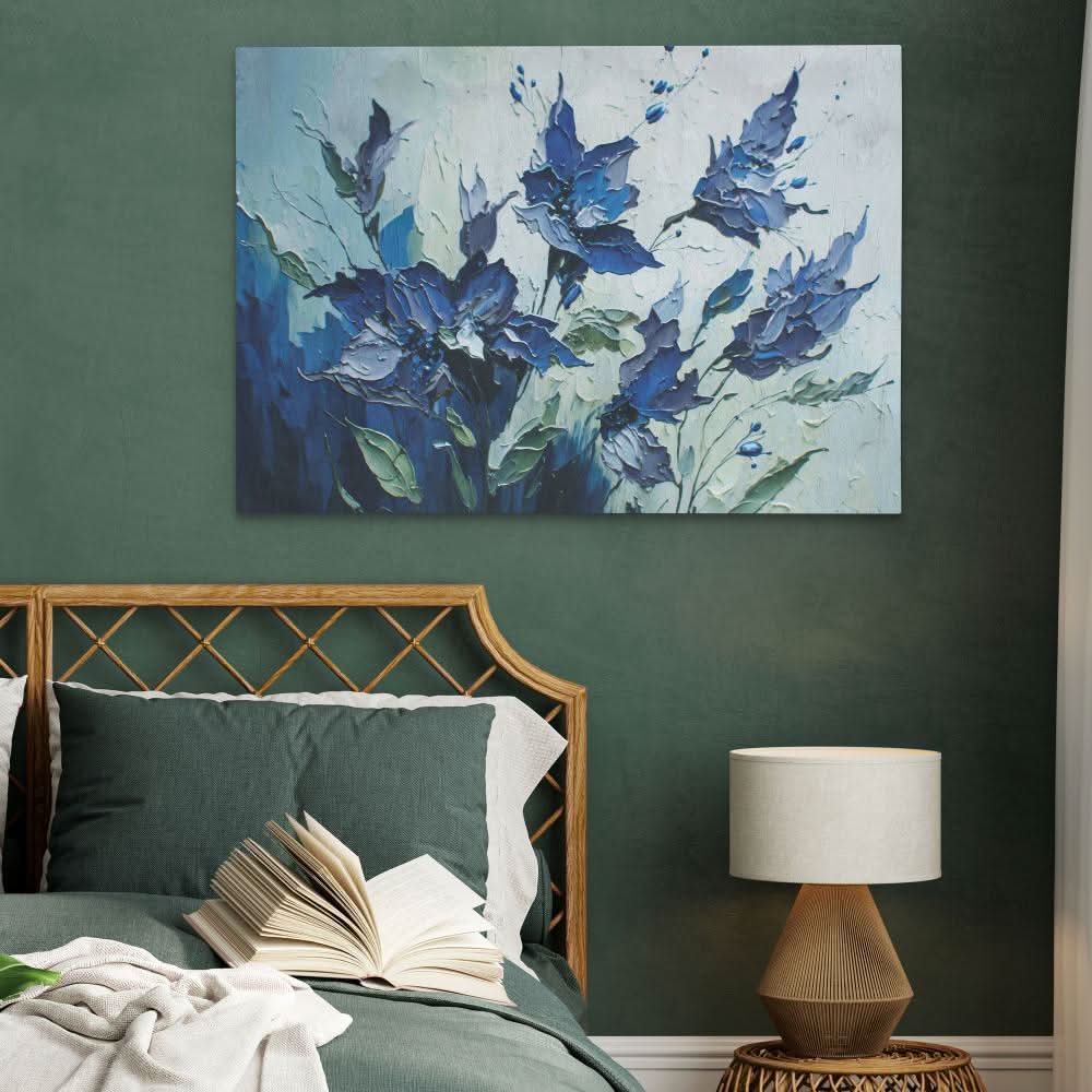 Blue Abstract Flowers - Abstract Wall Art in Black Frame