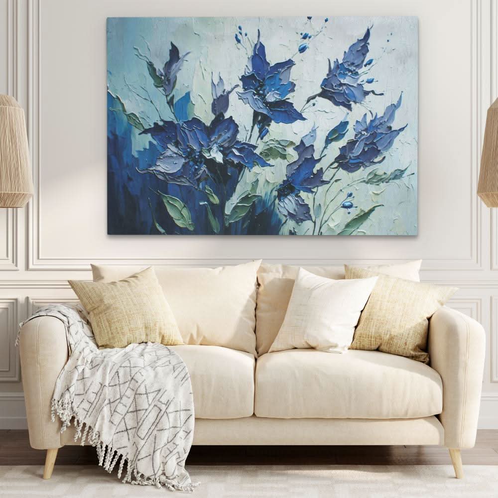 Blue Abstract Flowers - Floral Art for Bedroom