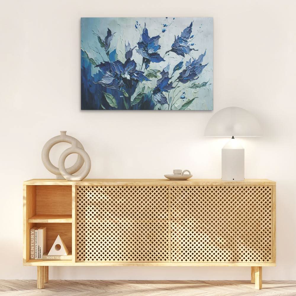 Blue Abstract Flowers - Nature Wall Art in Black Frame
