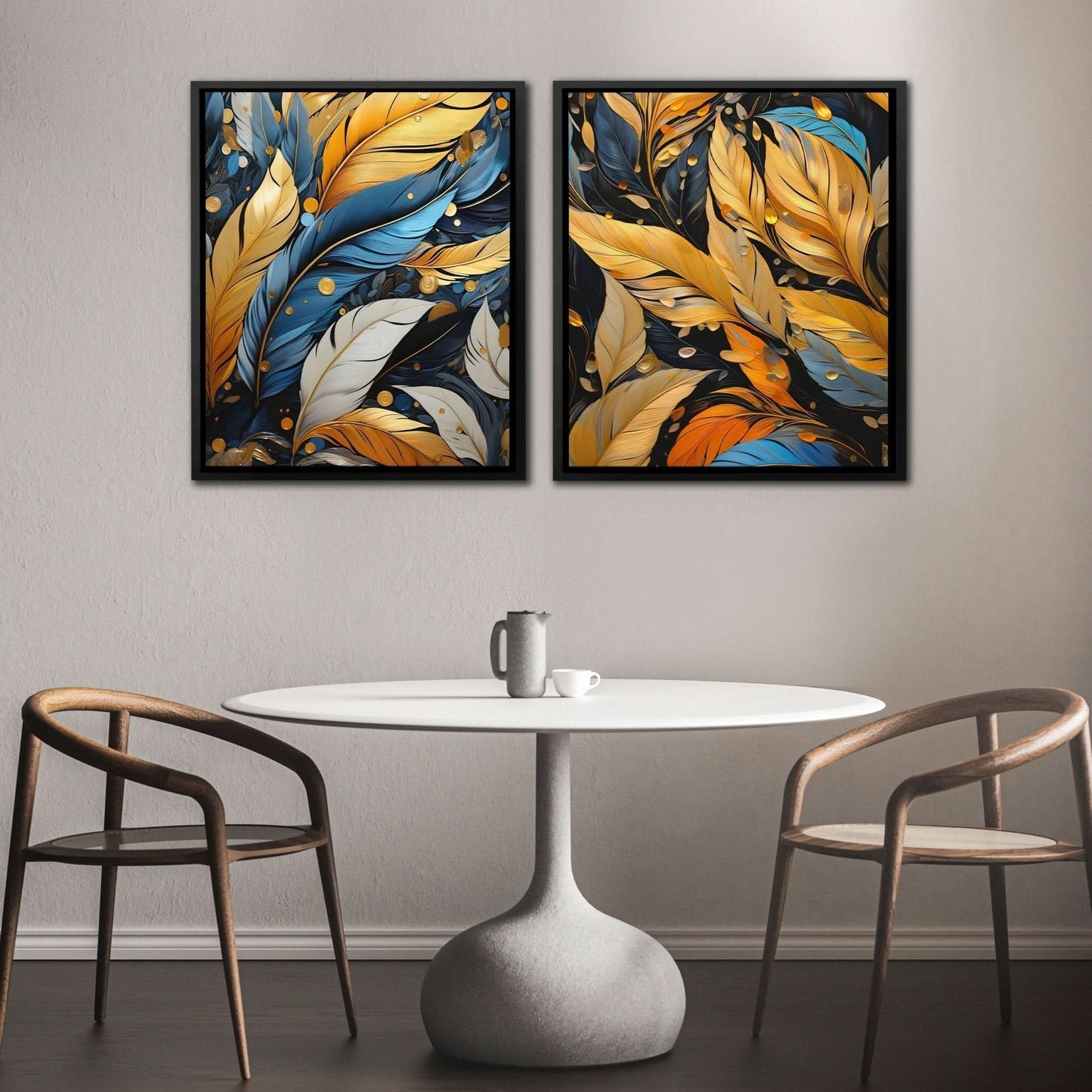 Blue and Gold Feathers (2) Set - Large Abstract Canvas Print