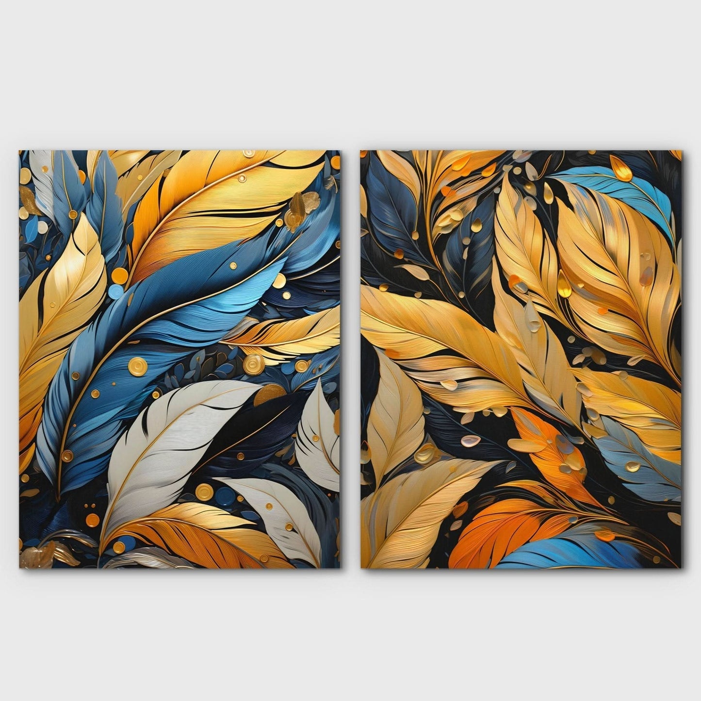 Blue and Gold Feathers (2) Set - Feathers Canvas Wall Art