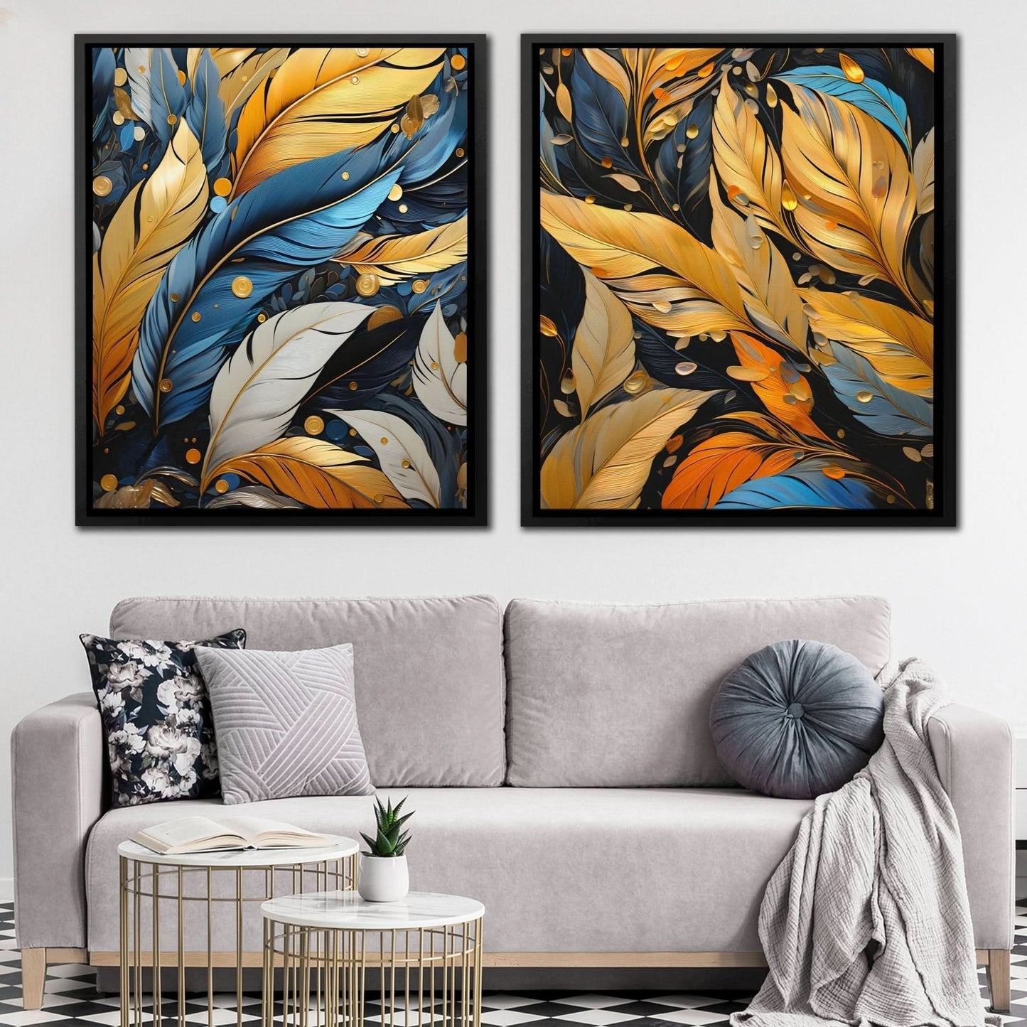Blue and Gold Feathers (2) Set - Feathers Art for Bathroom