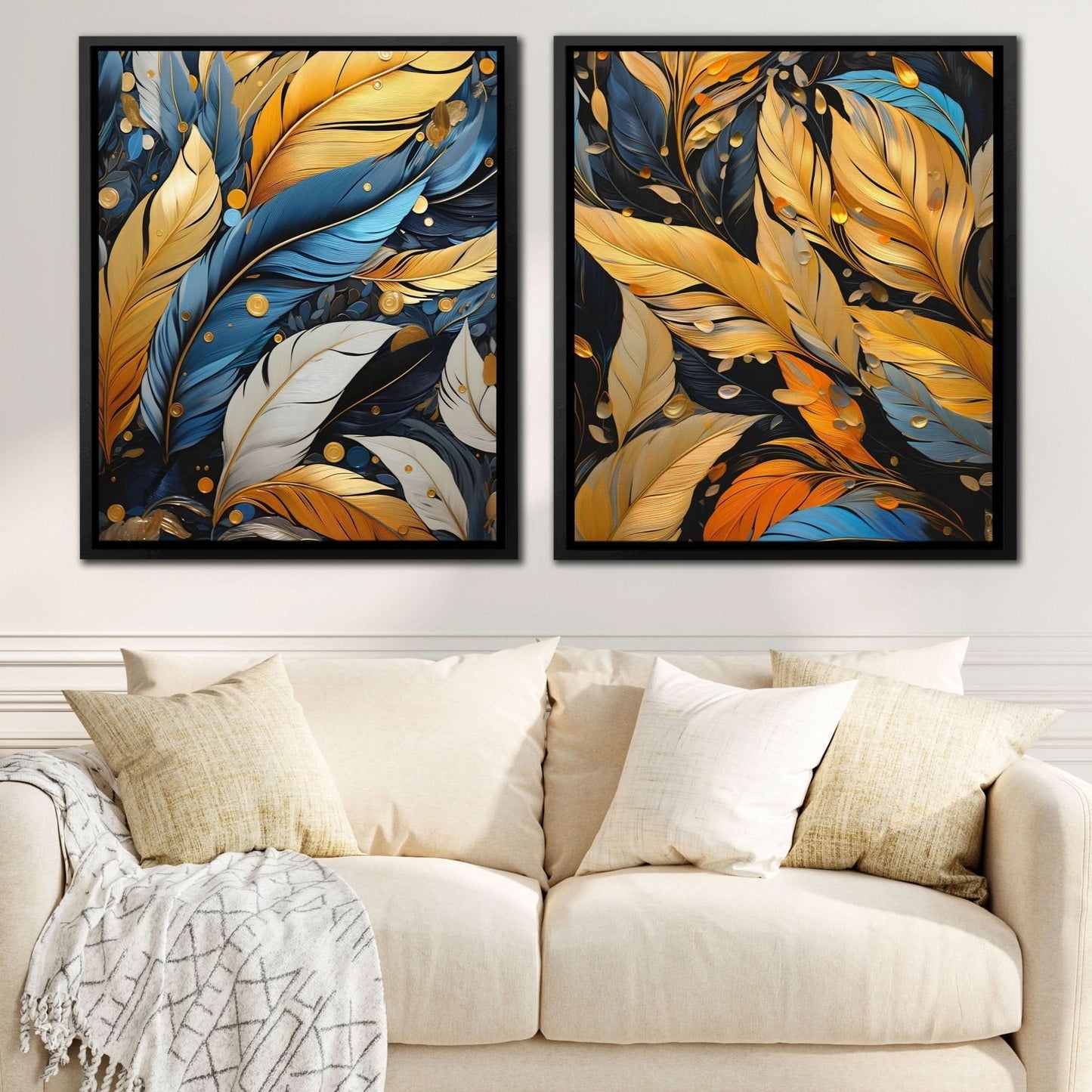 Blue and Gold Feathers (2) Set - Abstract Blue Canvas Wall Art