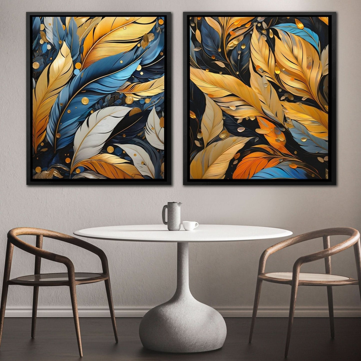 Blue and Gold Feathers (2) Set - Abstract Wall Art in Black Frame