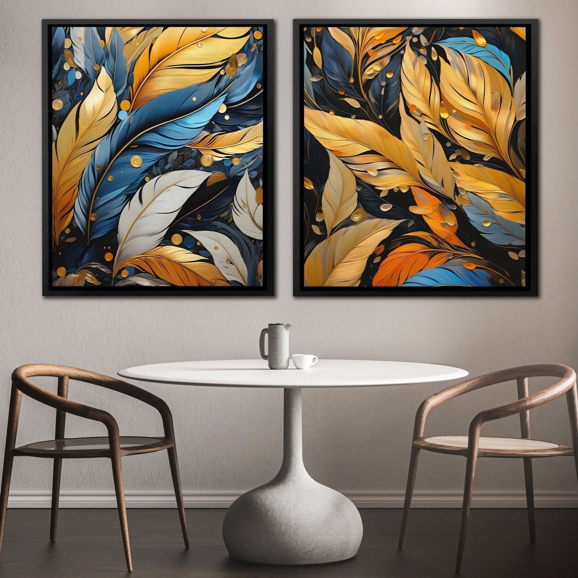 Blue and Gold Feathers (2) Set - Abstract Wall Art in Black Frame