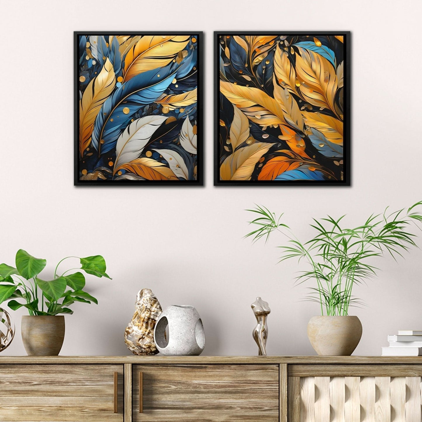 Blue and Gold Feathers (2) Set - Blue Wall Art for Bedroom