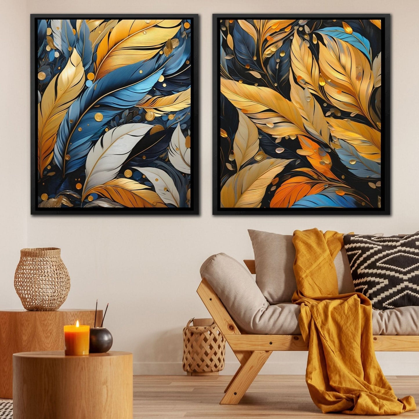Blue and Gold Feathers (2) Set - Blue Canvas Print