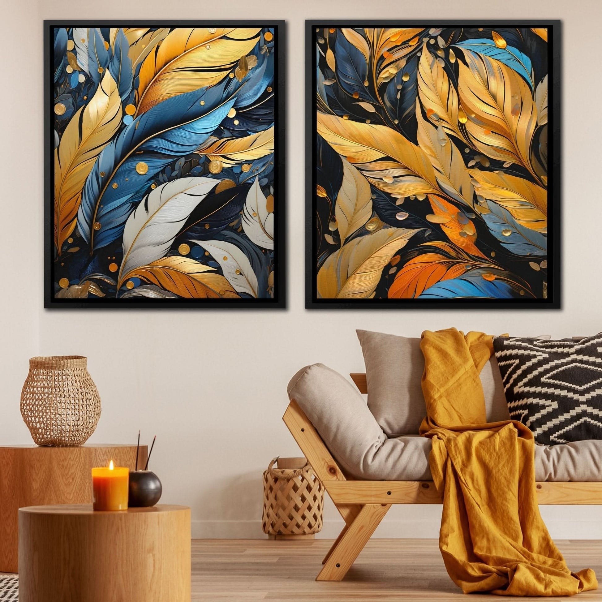 Blue and Gold Feathers (2) Set - Blue Canvas Print