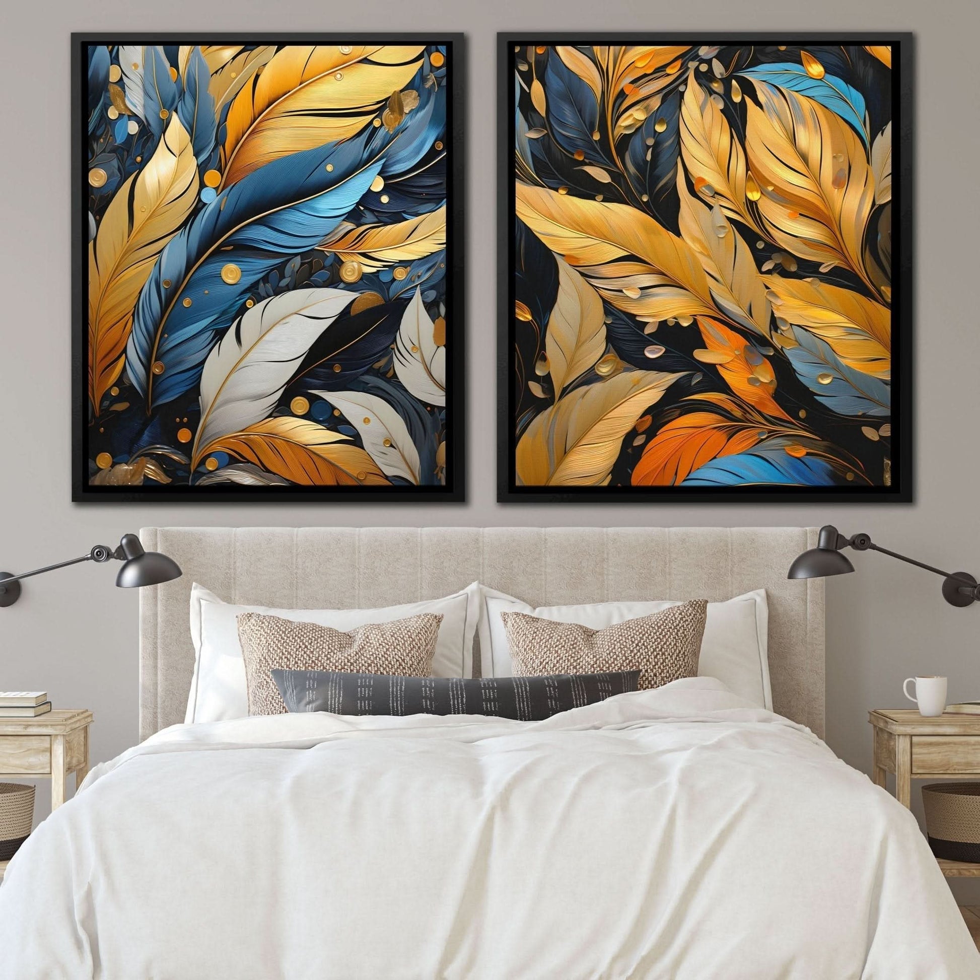 Blue and Gold Feathers (2) Set - Feathers Wall Art in Black Frame