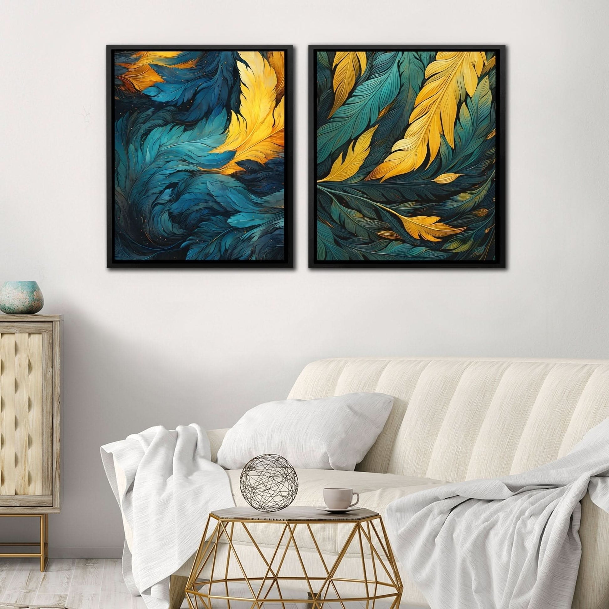 Blue and Green Feathers (2) Set - Abstract Wall Art in Black Frame