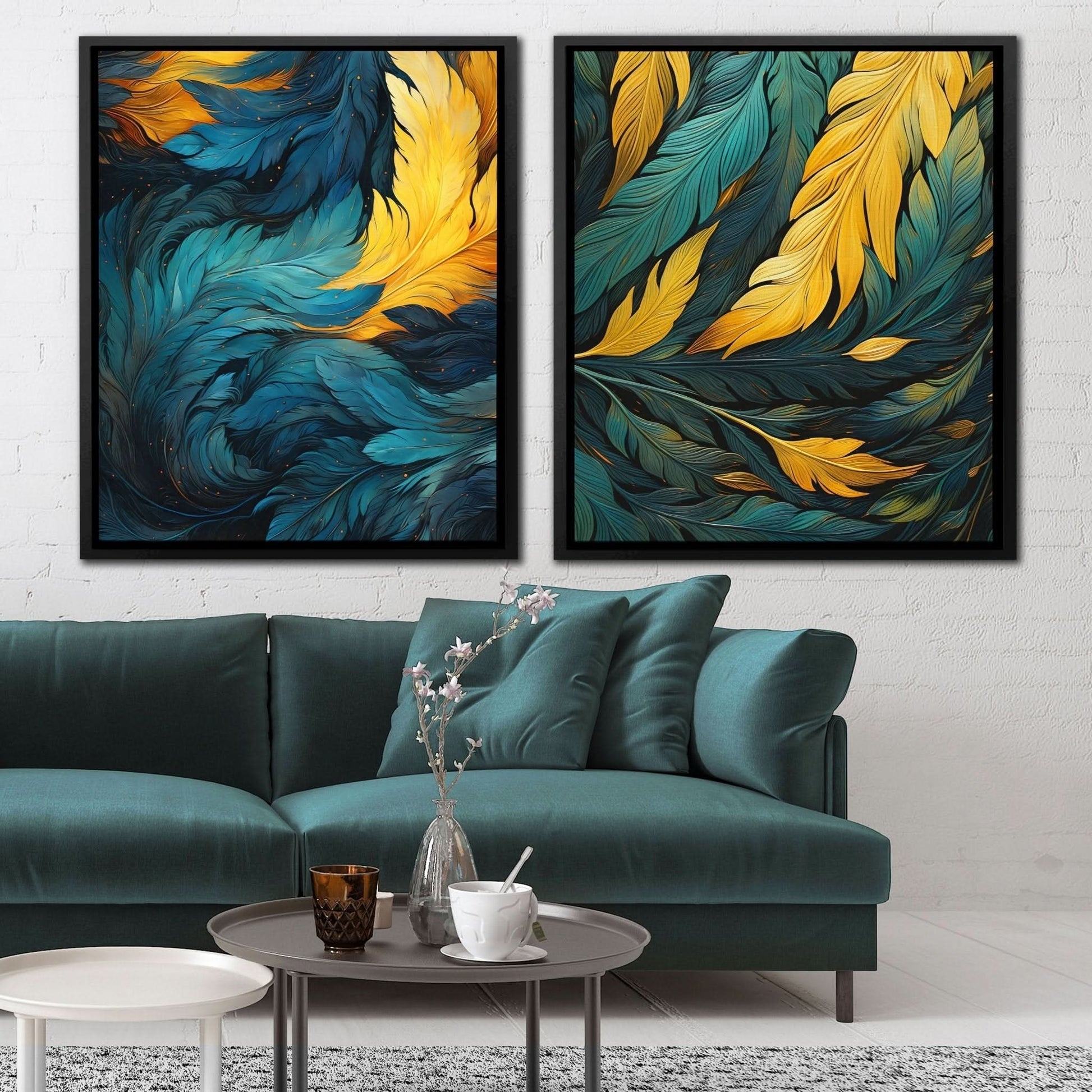 Blue and Green Feathers (2) Set - Large Abstract Canvas Print