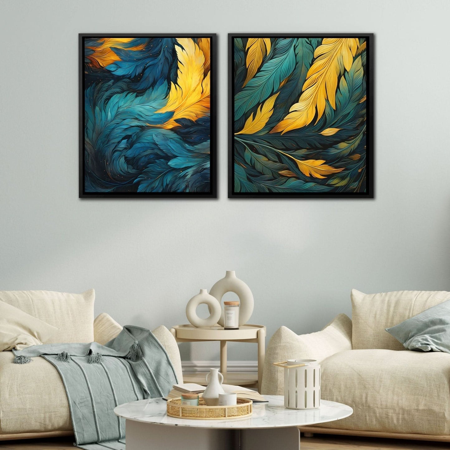Blue and Green Feathers (2) Set - Abstract Blue Canvas Wall Art