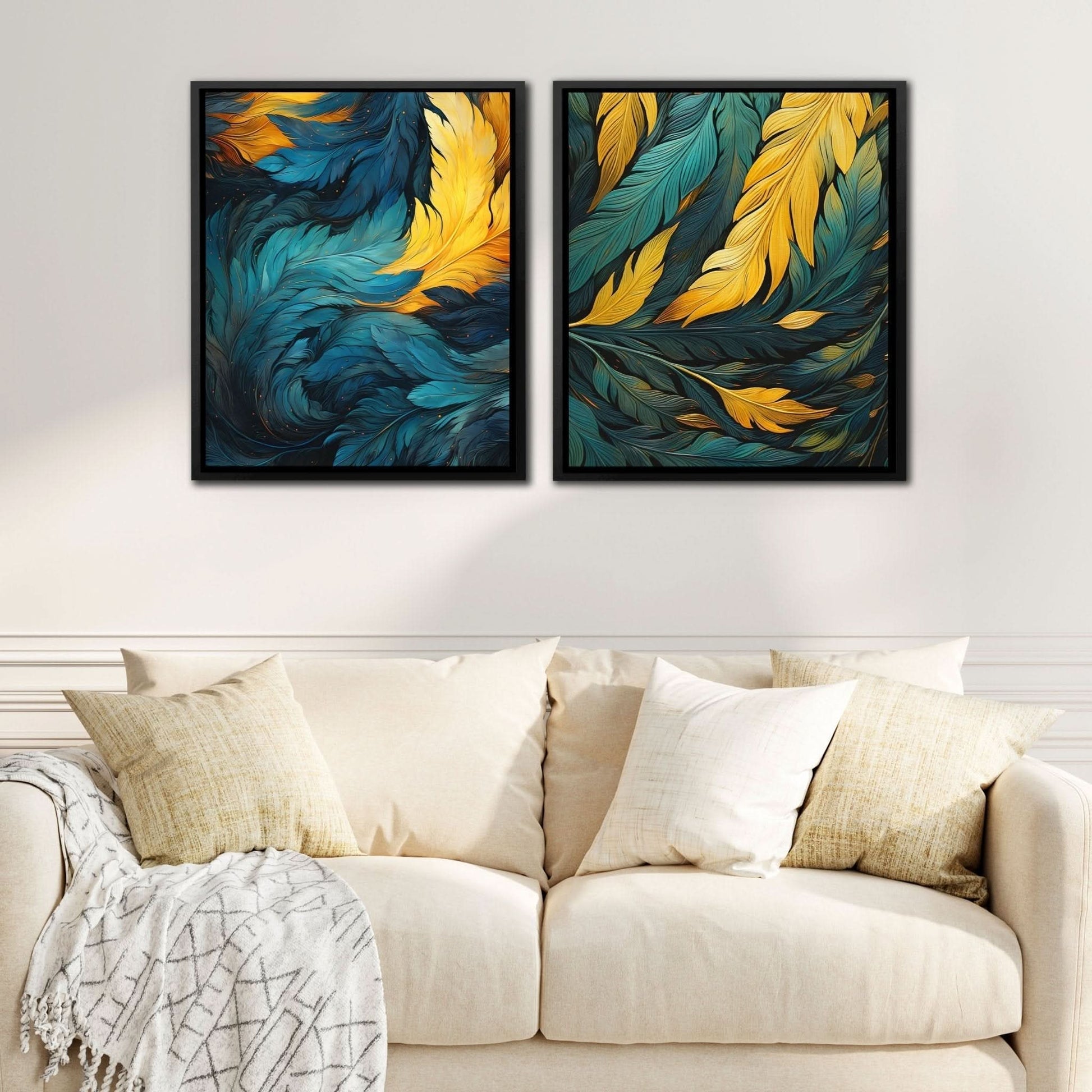 Blue and Green Feathers (2) Set - Feathers Wall Art in Black Frame