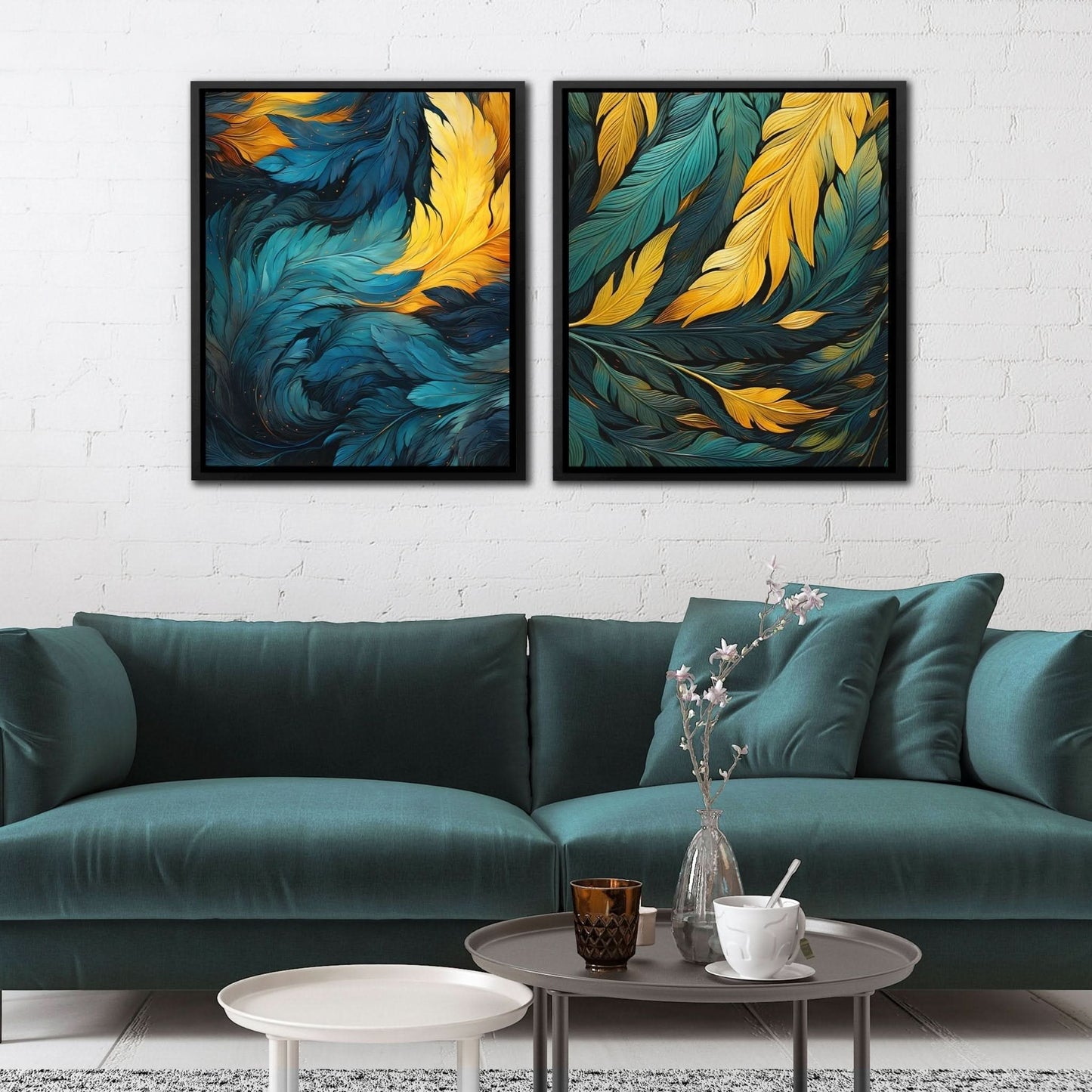 Blue and Green Feathers (2) Set - Feathers Art for Living Room