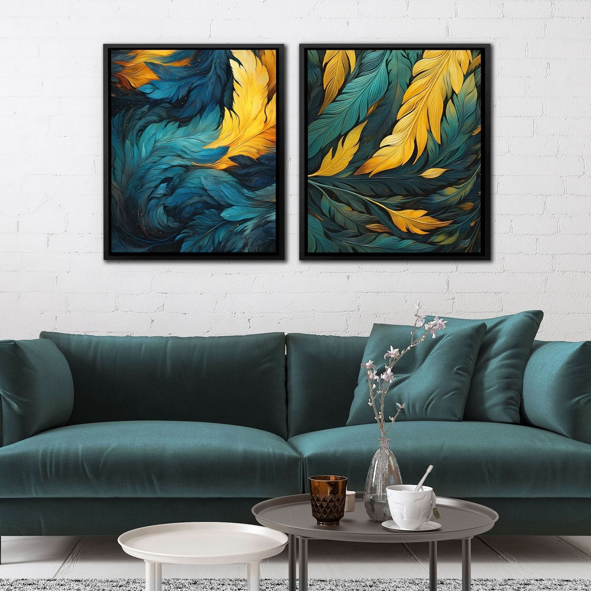 Blue and Green Feathers (2) Set - Feathers Art for Living Room