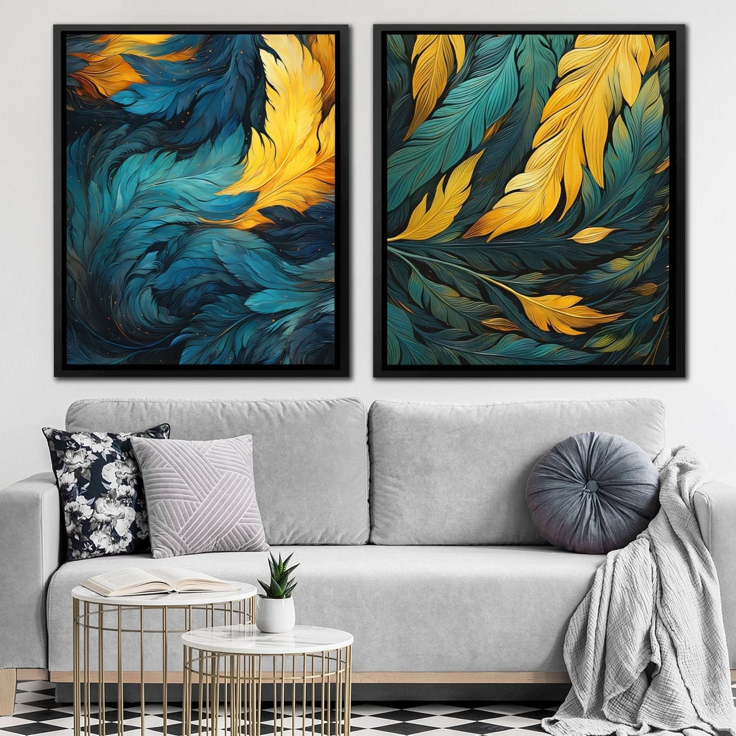 Blue and Green Feathers (2) Set - Blue Wall Art for Living Room