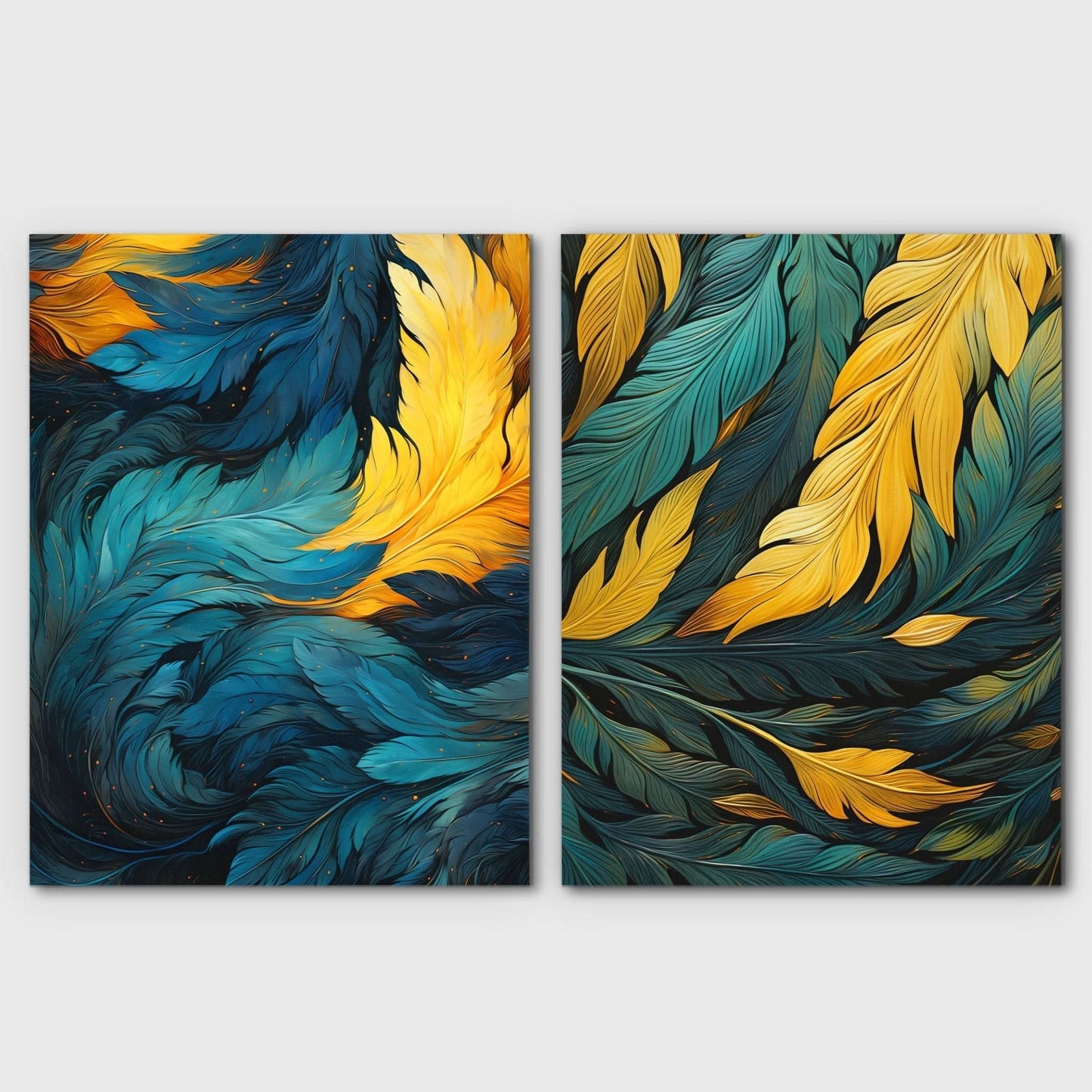 Blue and Green Feathers (2) Set - Feathers Canvas Wall Art