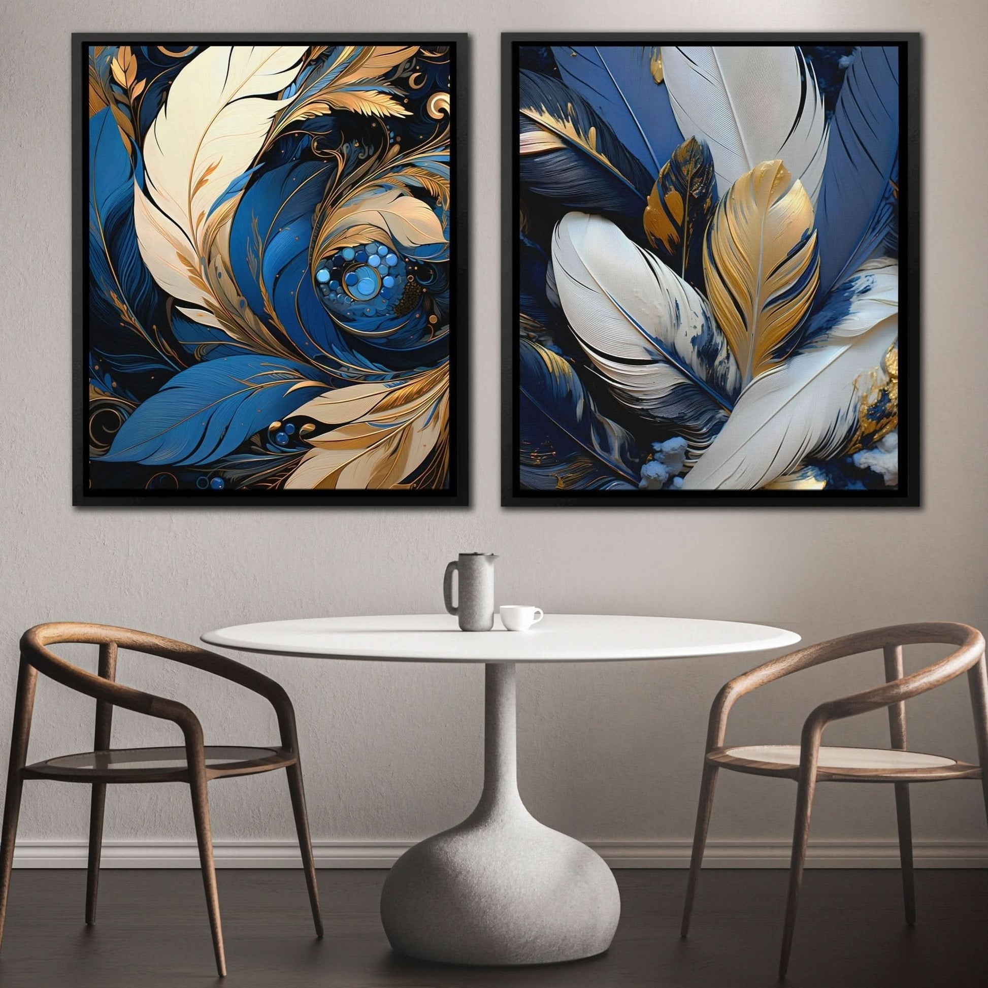 Blue and White Feathers (2) Set - Blue Wall Art for Living Room