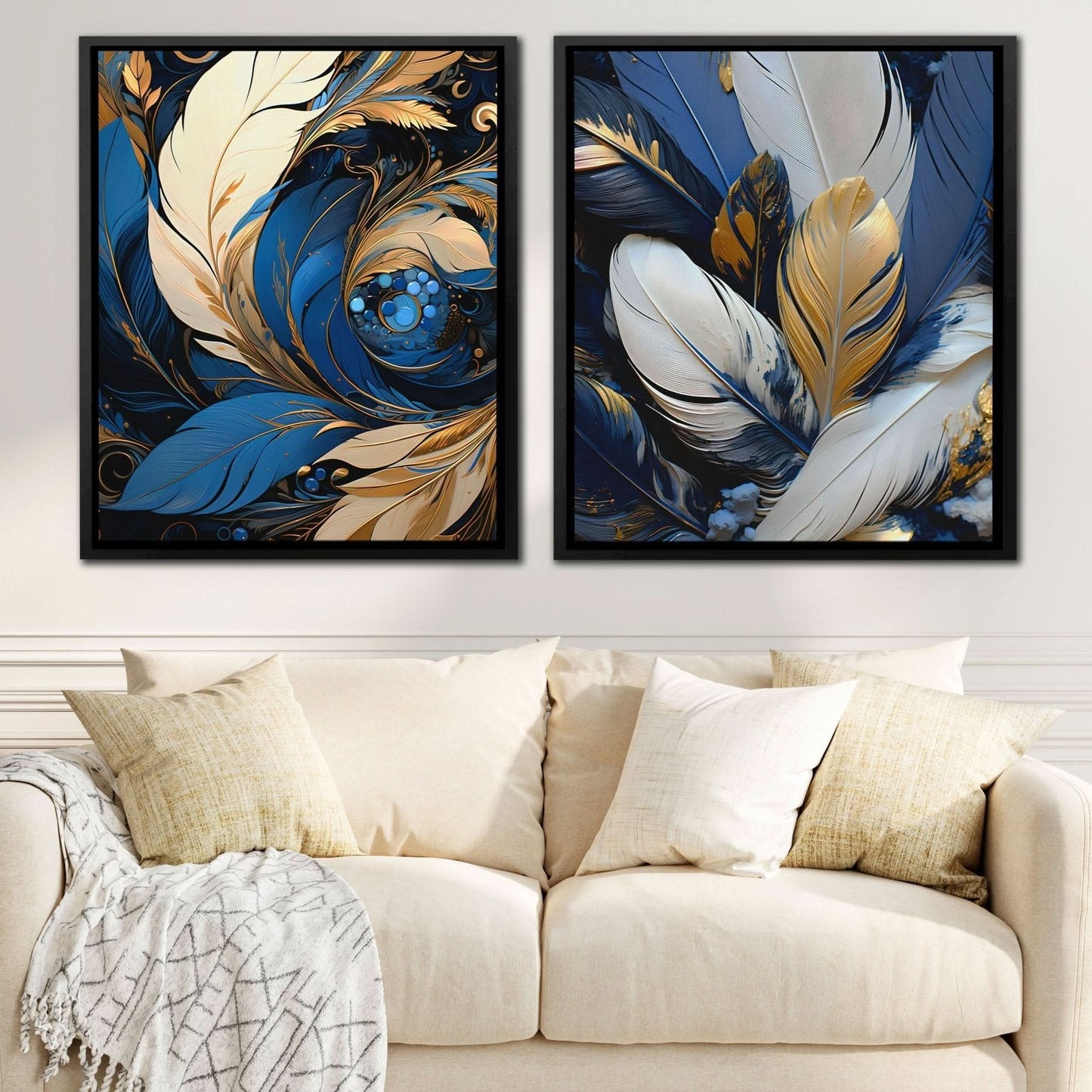 Blue and White Feathers (2) Set - White And Gold Wall Art in Black Frame