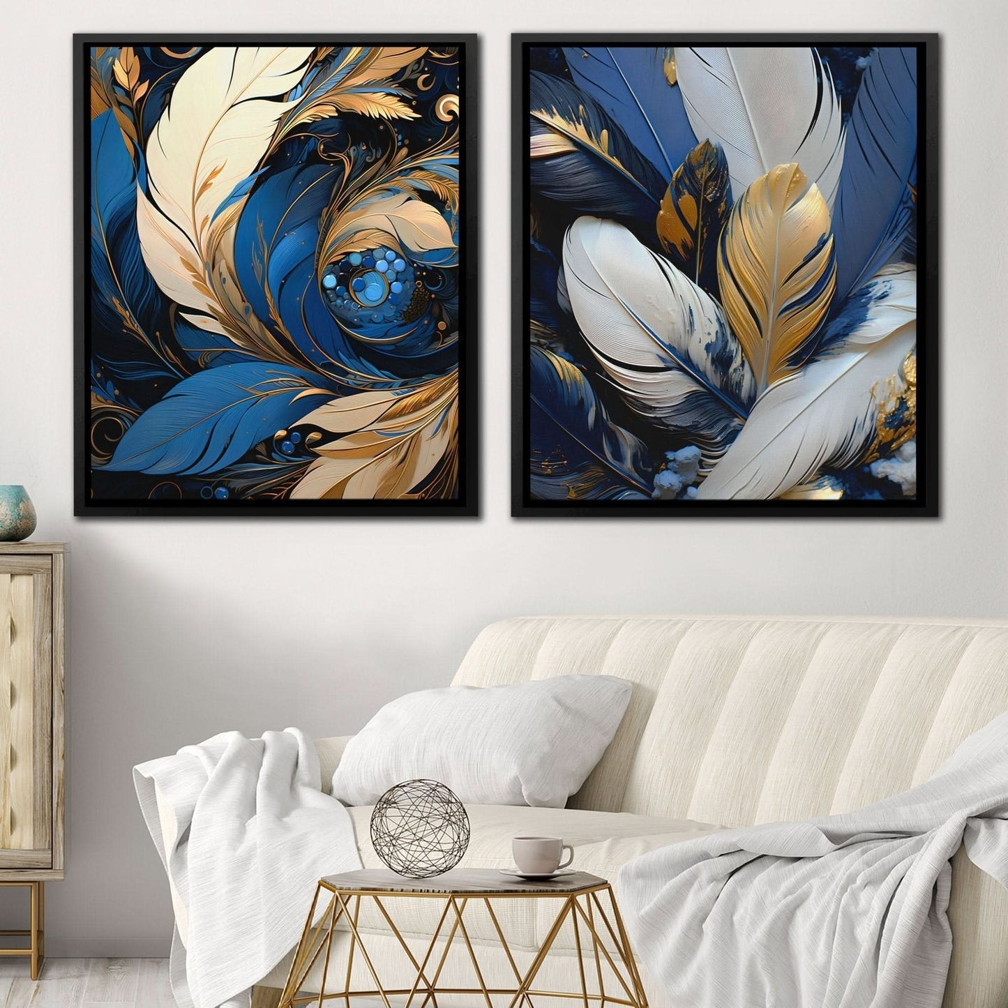 Blue and White Feathers (2) Set - Blue White And Gold Canvas Print