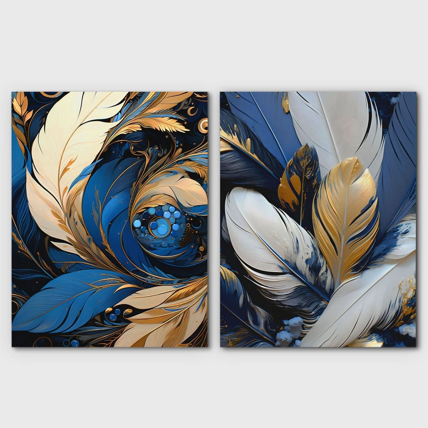 Blue and White Feathers (2) Set - Feathers Canvas Wall Art