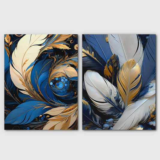 Blue and White Feathers (2) Set - Feathers Canvas Wall Art