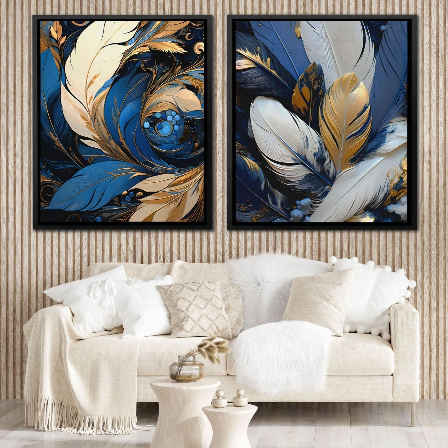 Blue and White Feathers (2) Set - Blue Canvas Wall Art