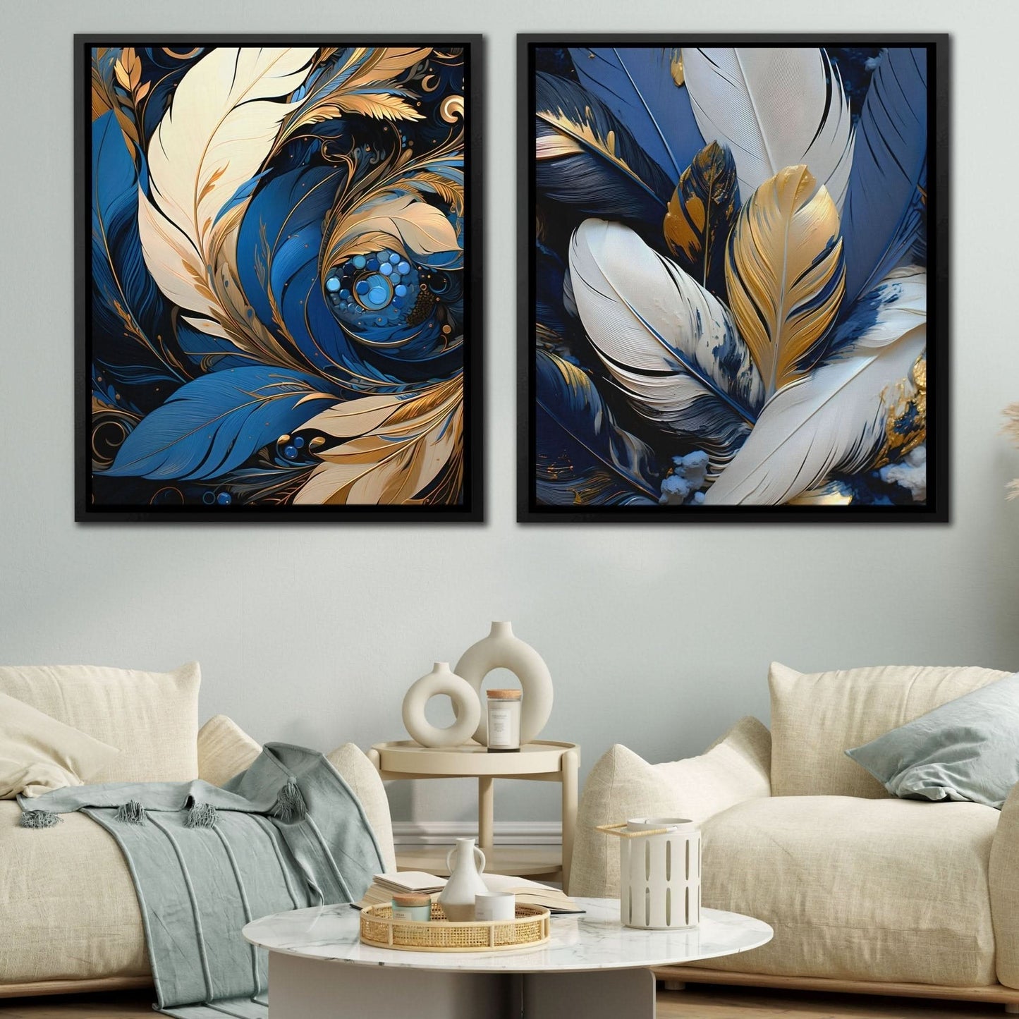Blue and White Feathers (2) Set - Large Canvas Print