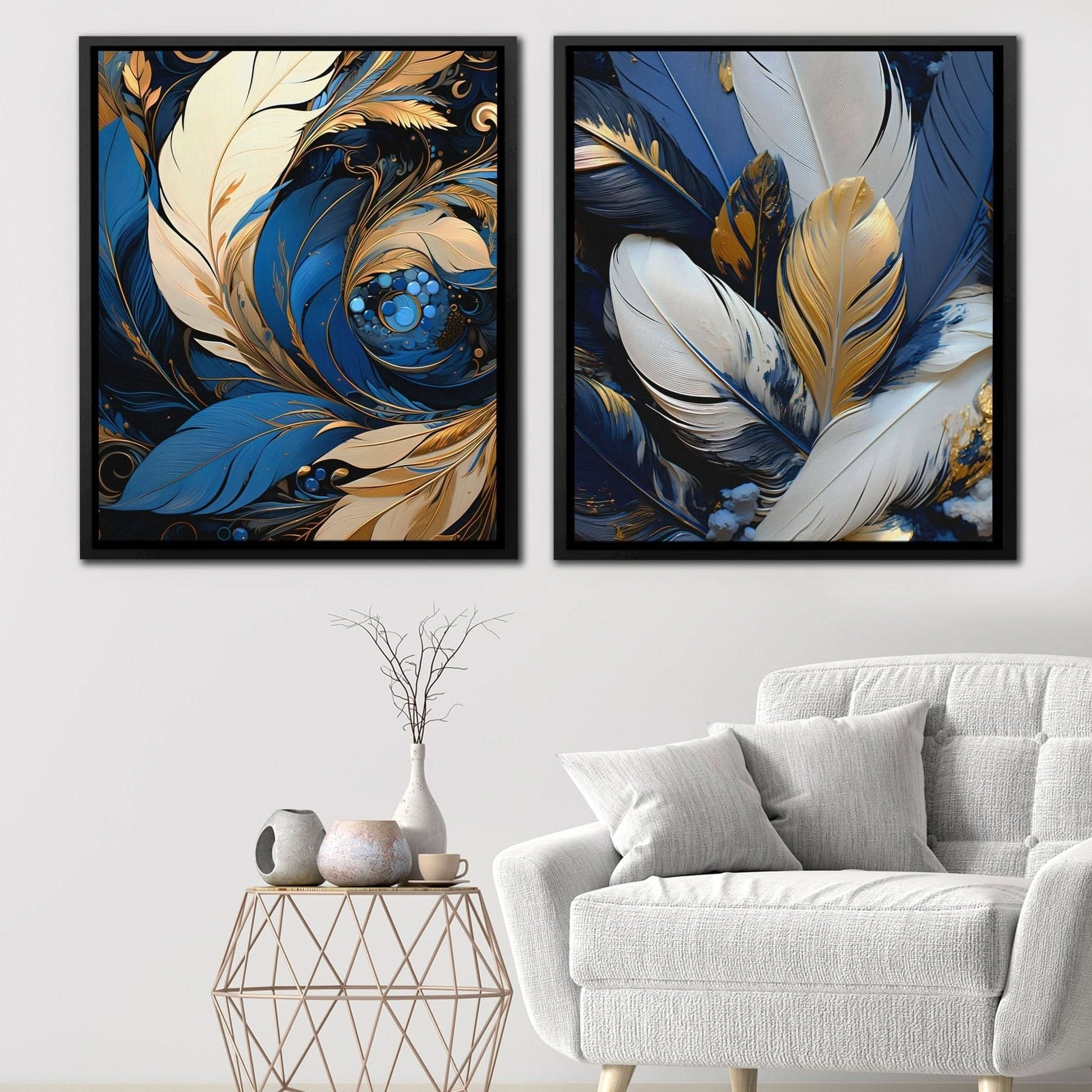 Blue and White Feathers (2) Set - Feathers Art for Bedroom