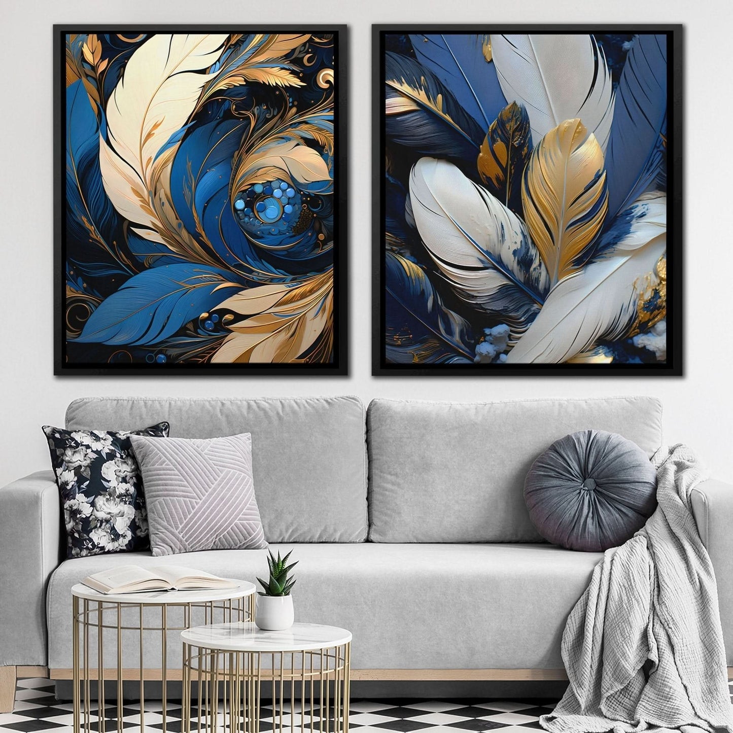 Blue and White Feathers (2) Set - Wall Art in Black Frame