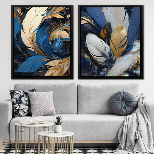 Blue and White Feathers (2) Set - Wall Art in Black Frame