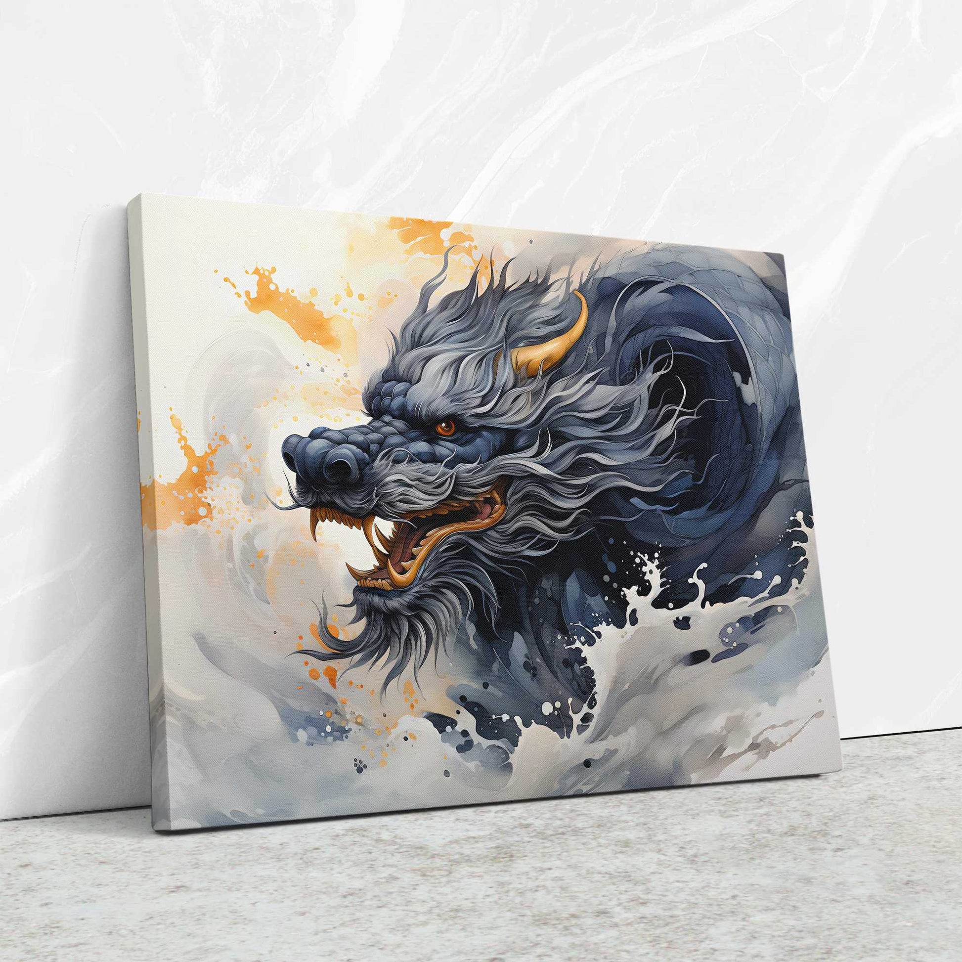 Blue Dragon - Dragon Wall Art in Black Frame