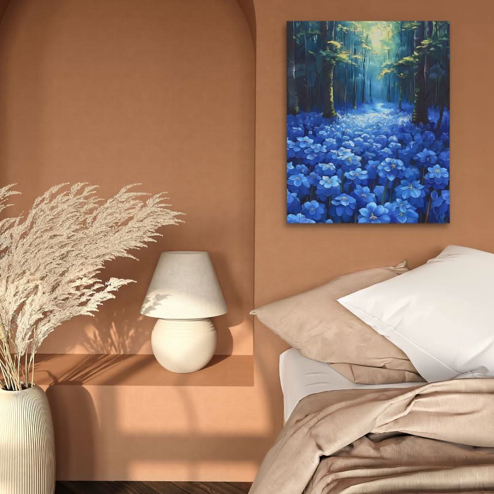 Blue Floral Forest - Forest Wall Art in Black Frame