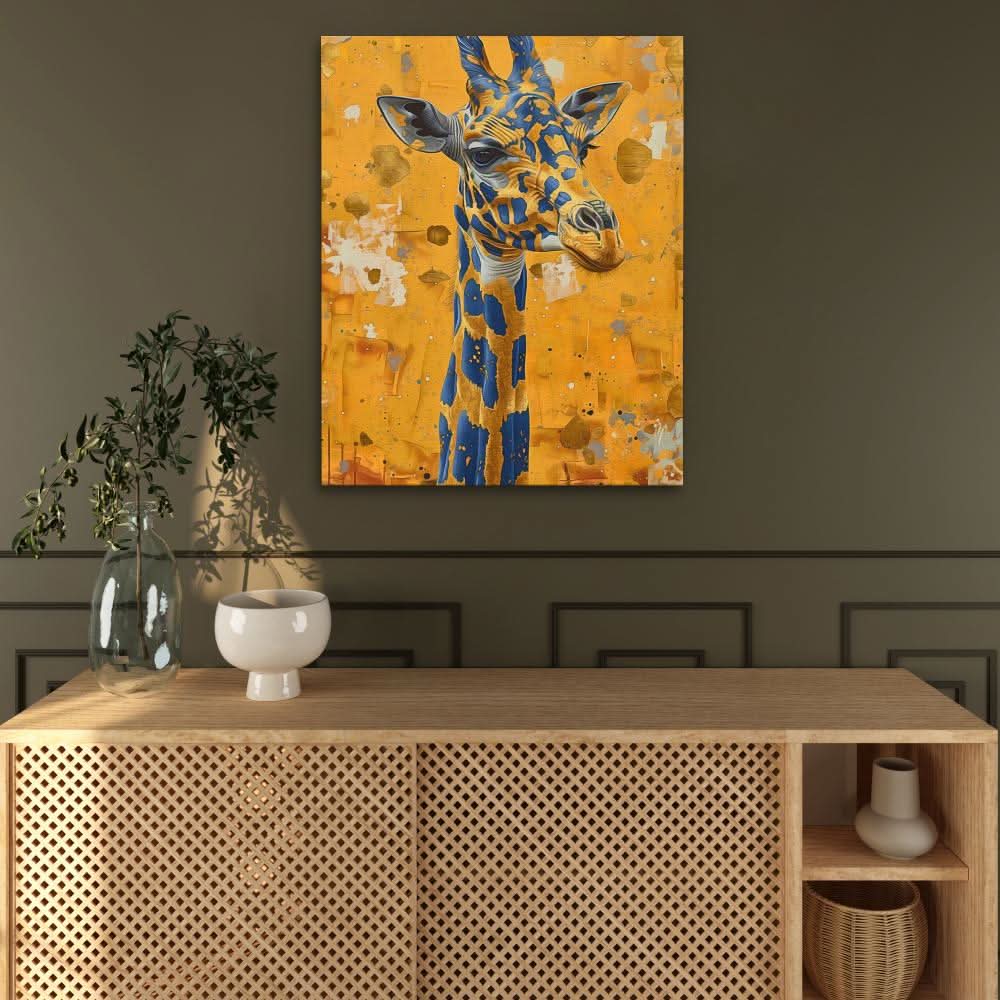 Blue Giraffe - Animals Wall Art in Black Frame