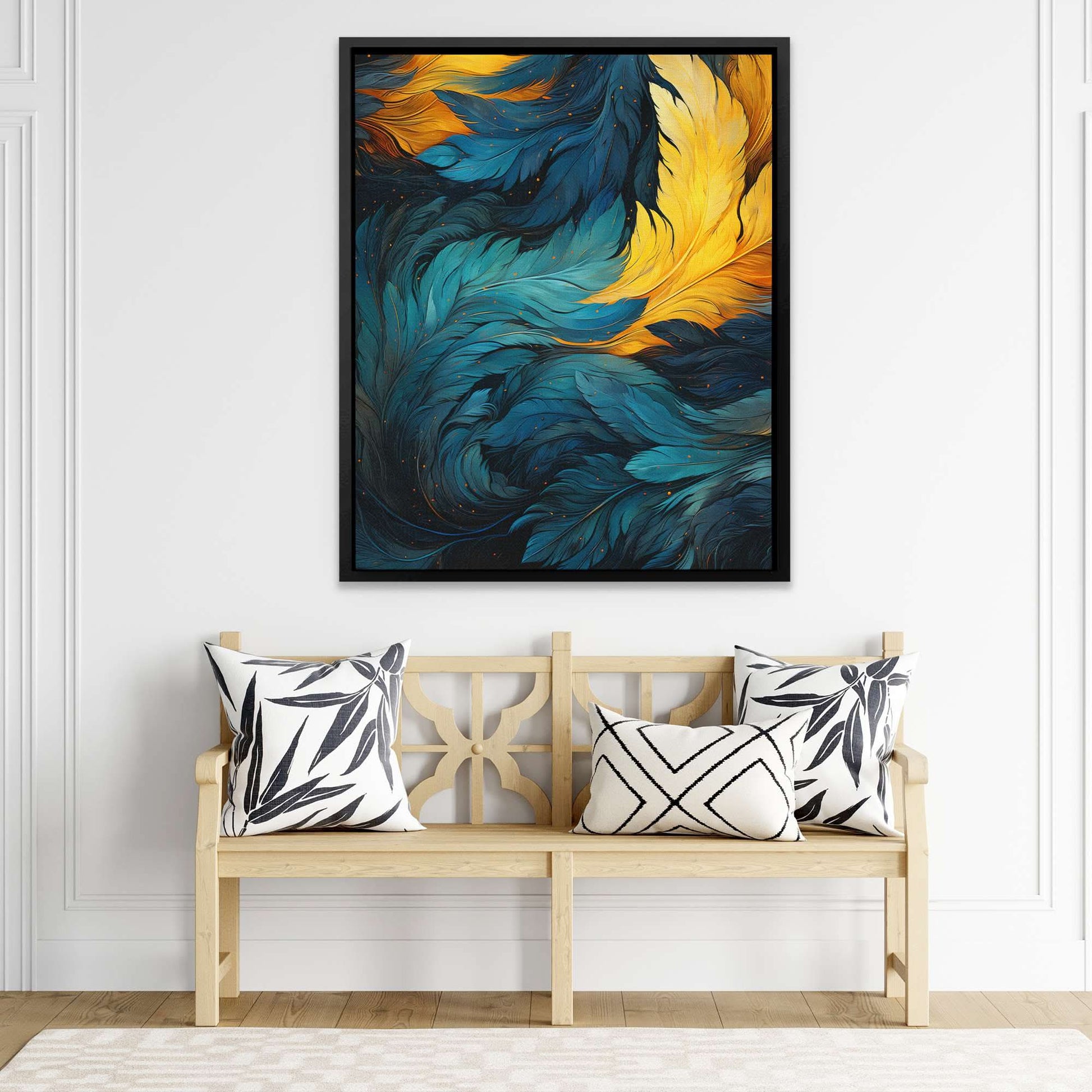 Blue Gold Feathers - Wall Art in Black Frame