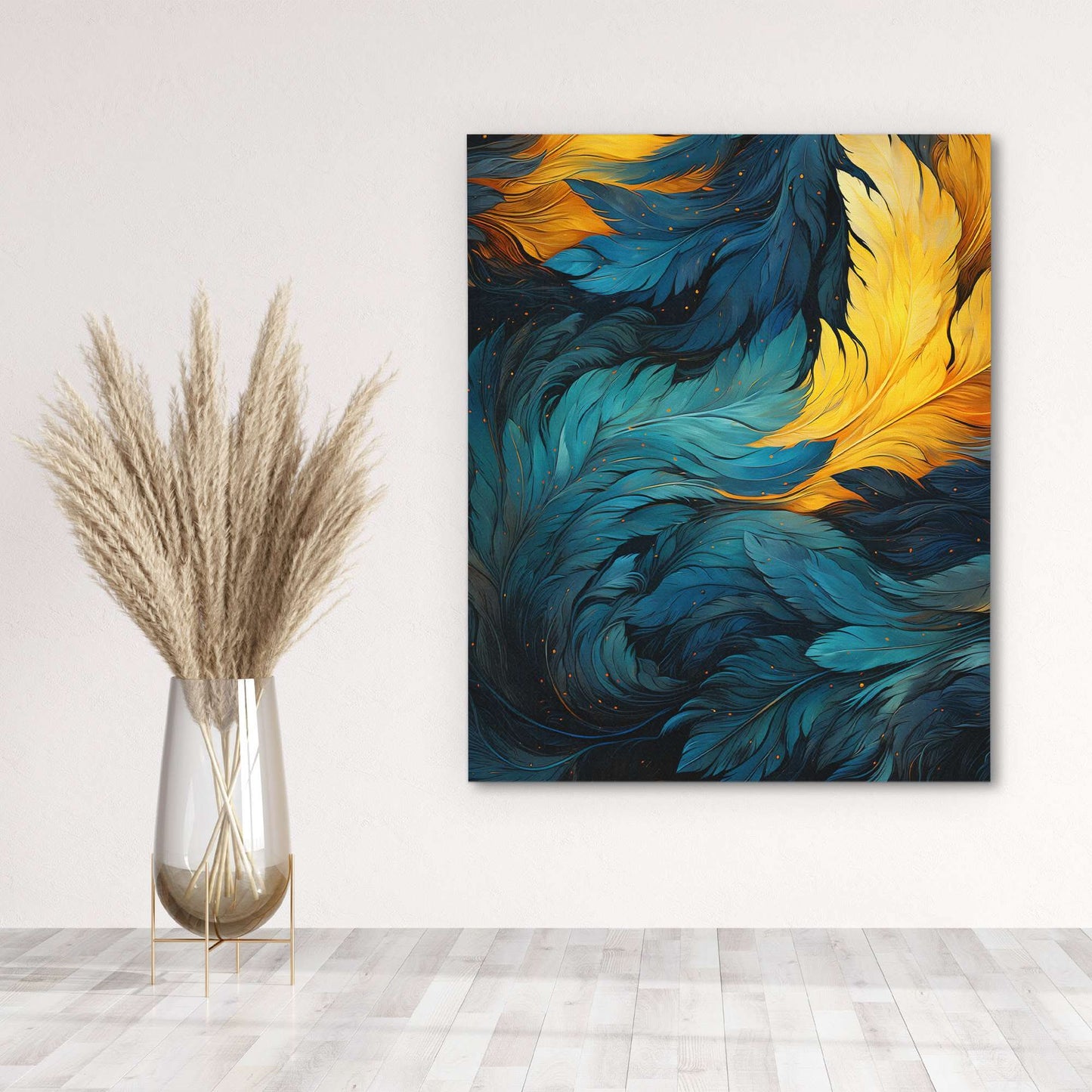 Blue Gold Feathers - Vertical Wall Art in Black Frame