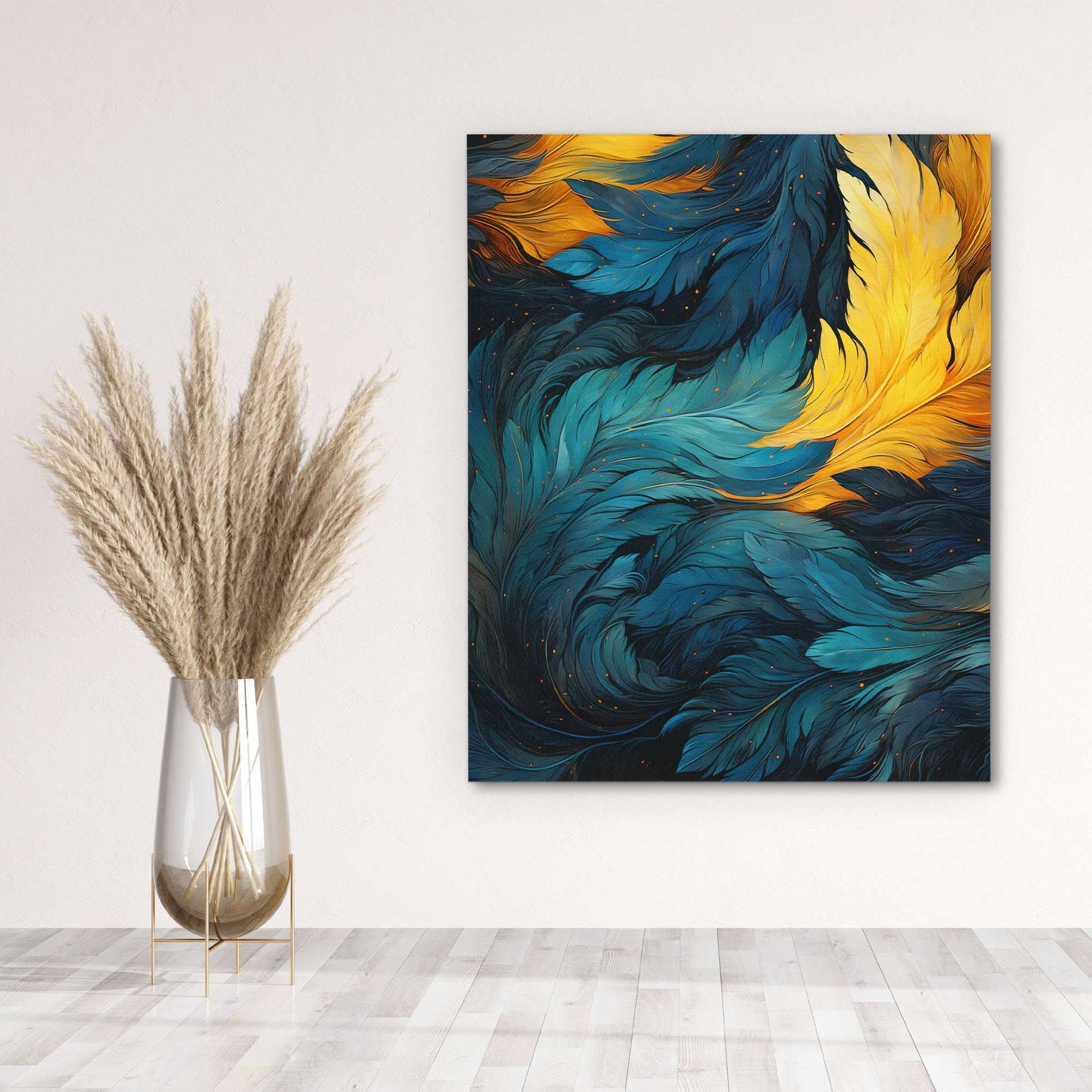 Blue Gold Feathers - Vertical Wall Art in Black Frame