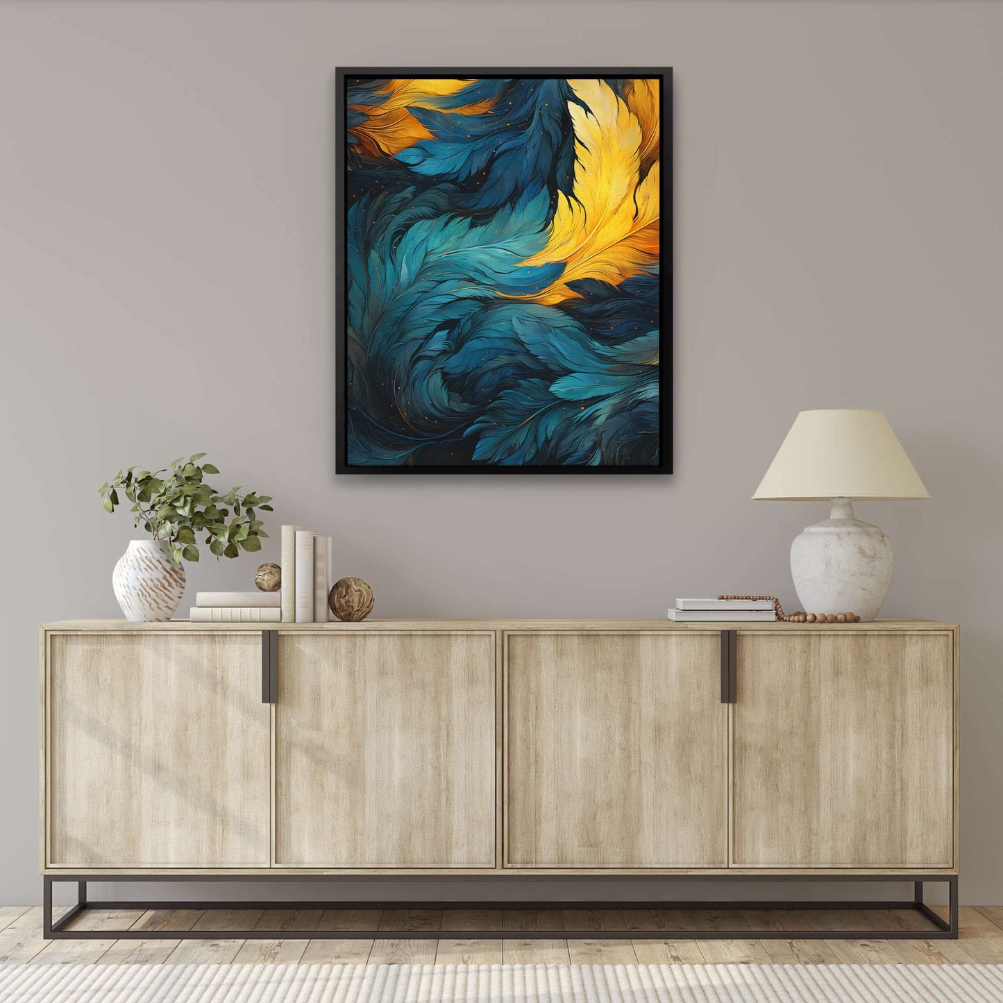 Blue Gold Feathers - Blue Canvas Wall Art
