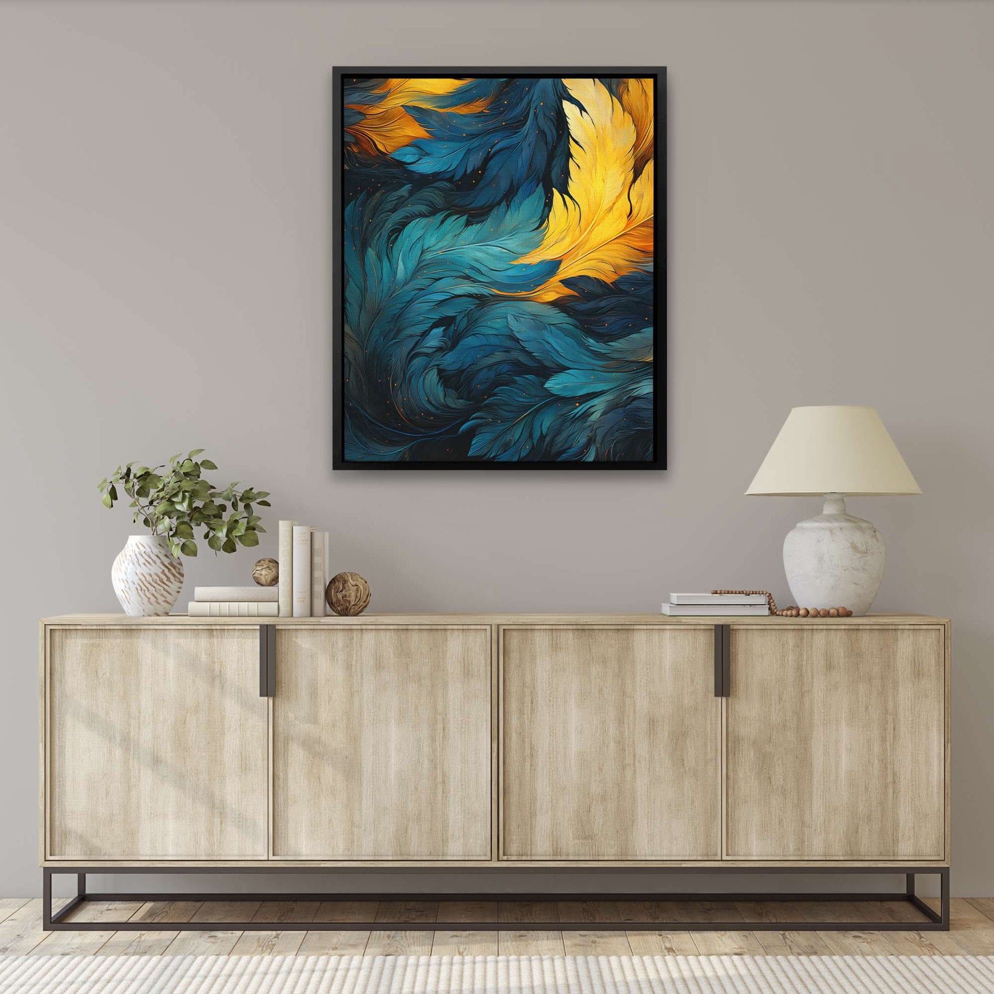 Blue Gold Feathers - Blue Canvas Wall Art