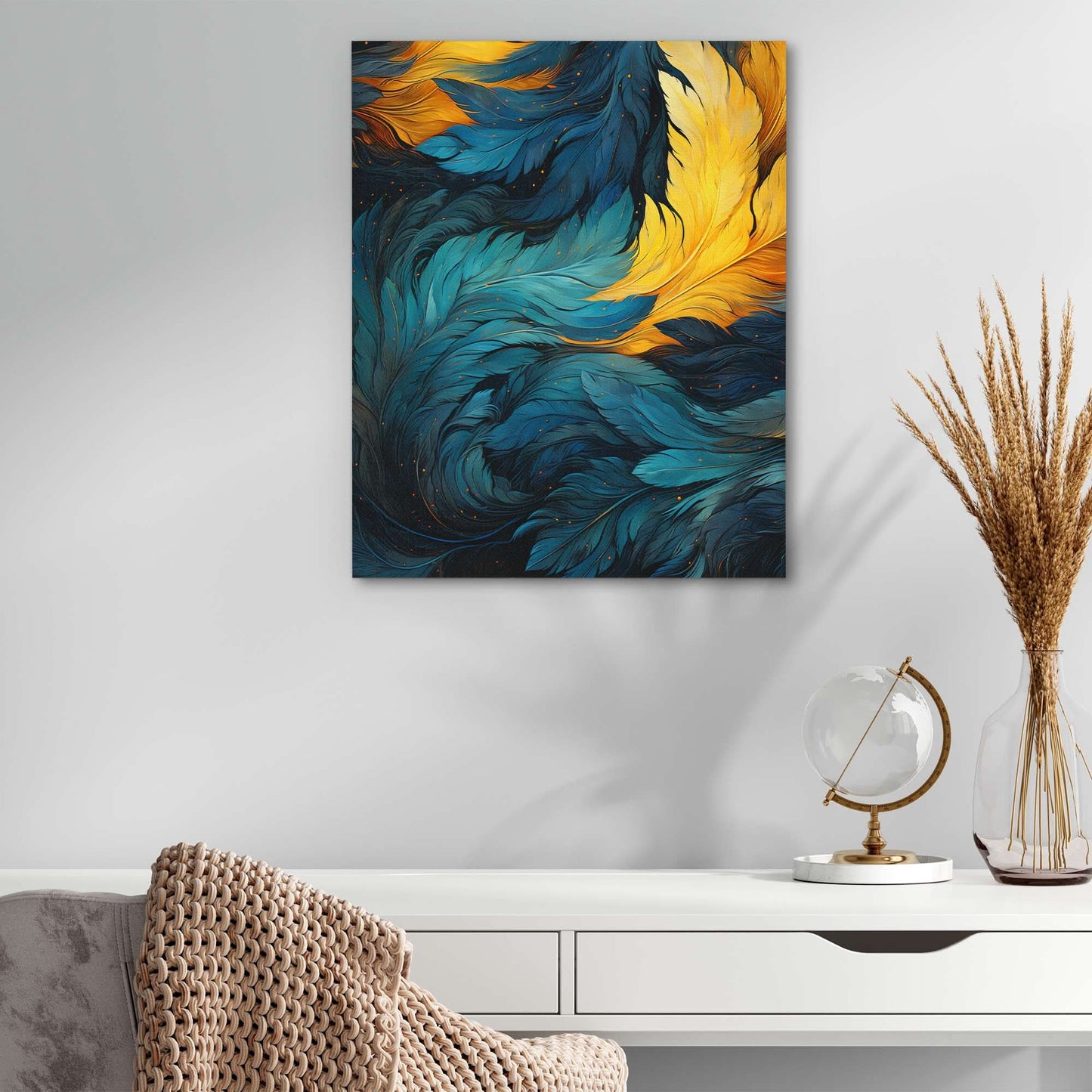 Blue Gold Feathers - Large Canvas Print