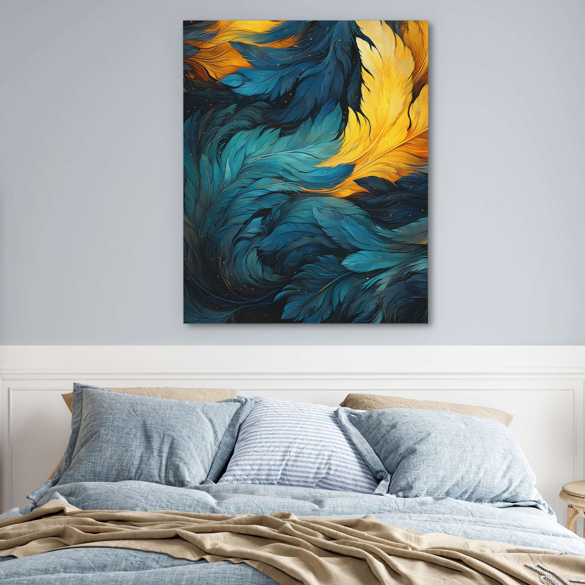 Blue Gold Feathers - Wall Art Print