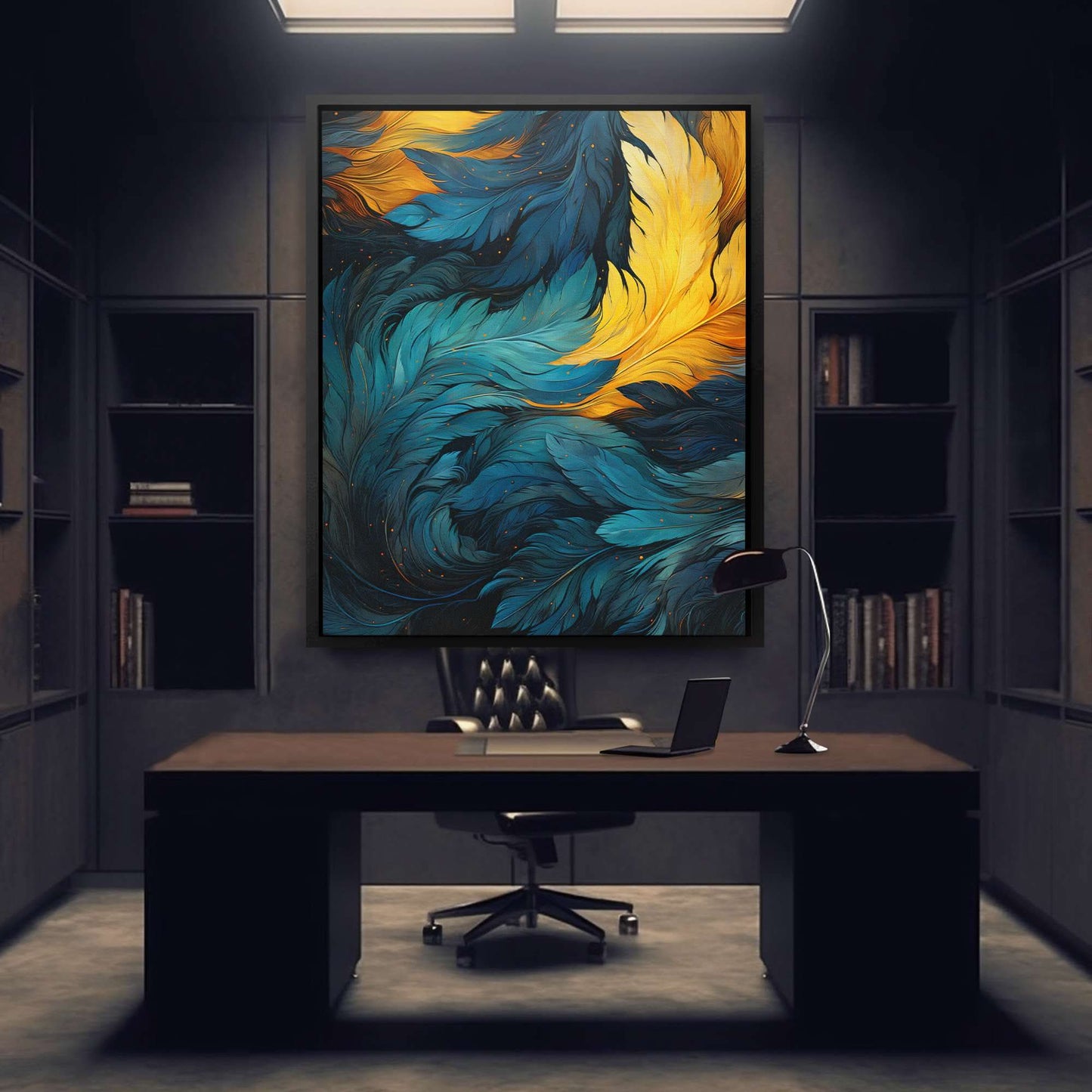 Blue Gold Feathers - Blue Vertical Canvas Print