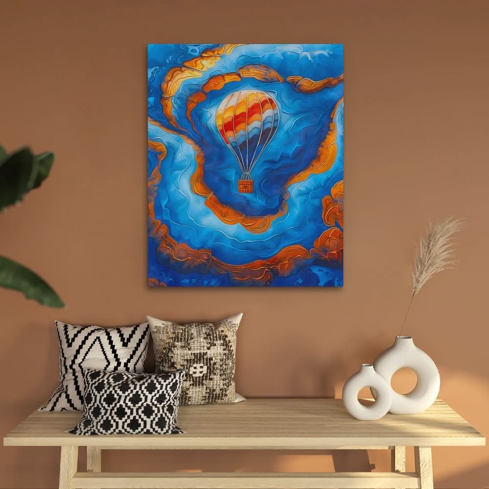 Blue Gold Hot Air Balloon - Abstract Wall Art in Black Frame