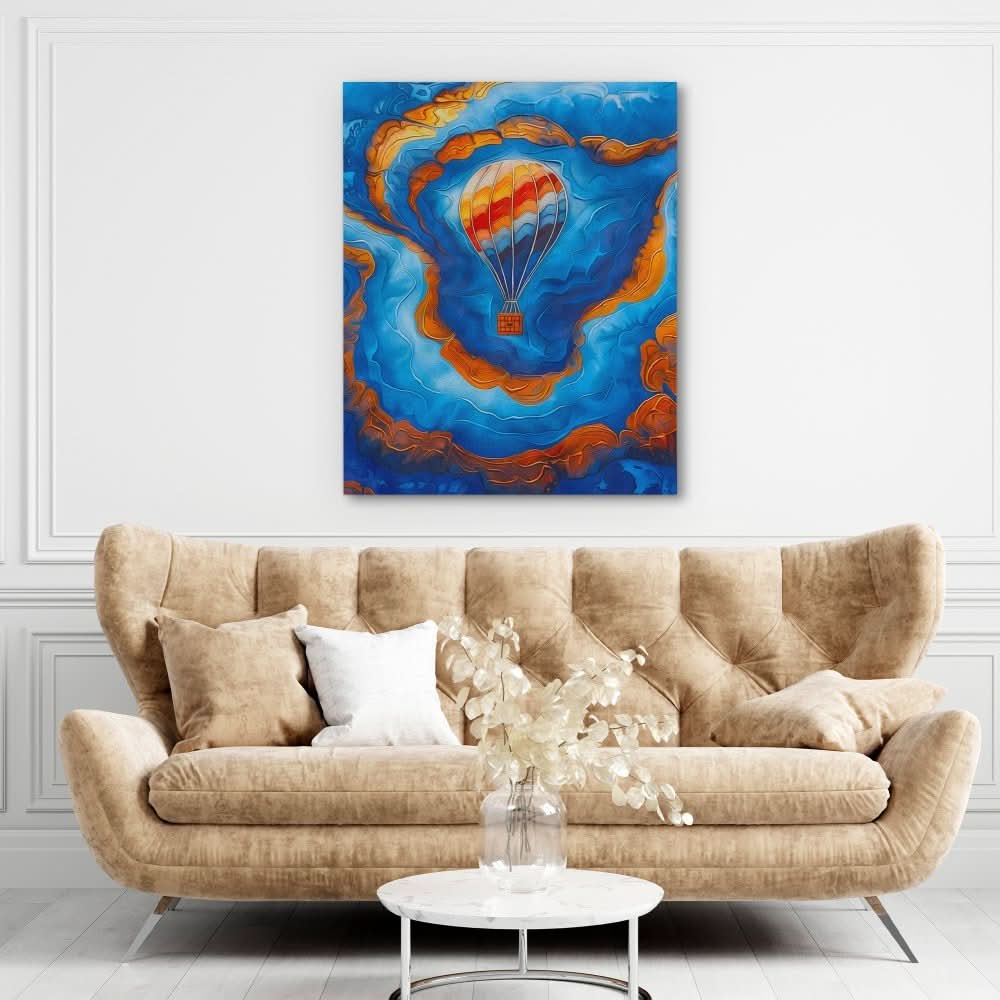 Blue Gold Hot Air Balloon - Coastal Wall Art in Black Frame