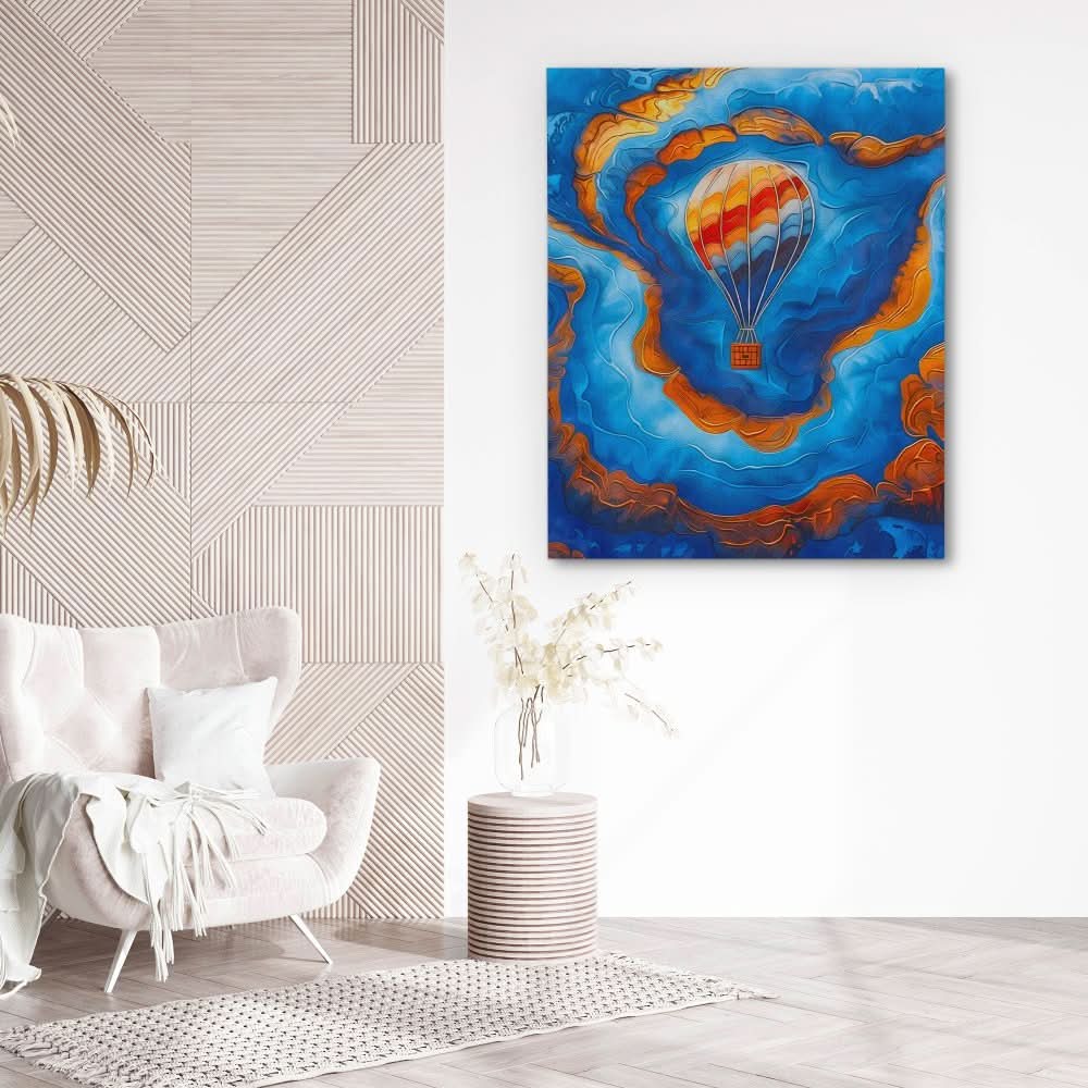 Blue Gold Hot Air Balloon - Blue Wall Art for Hallway