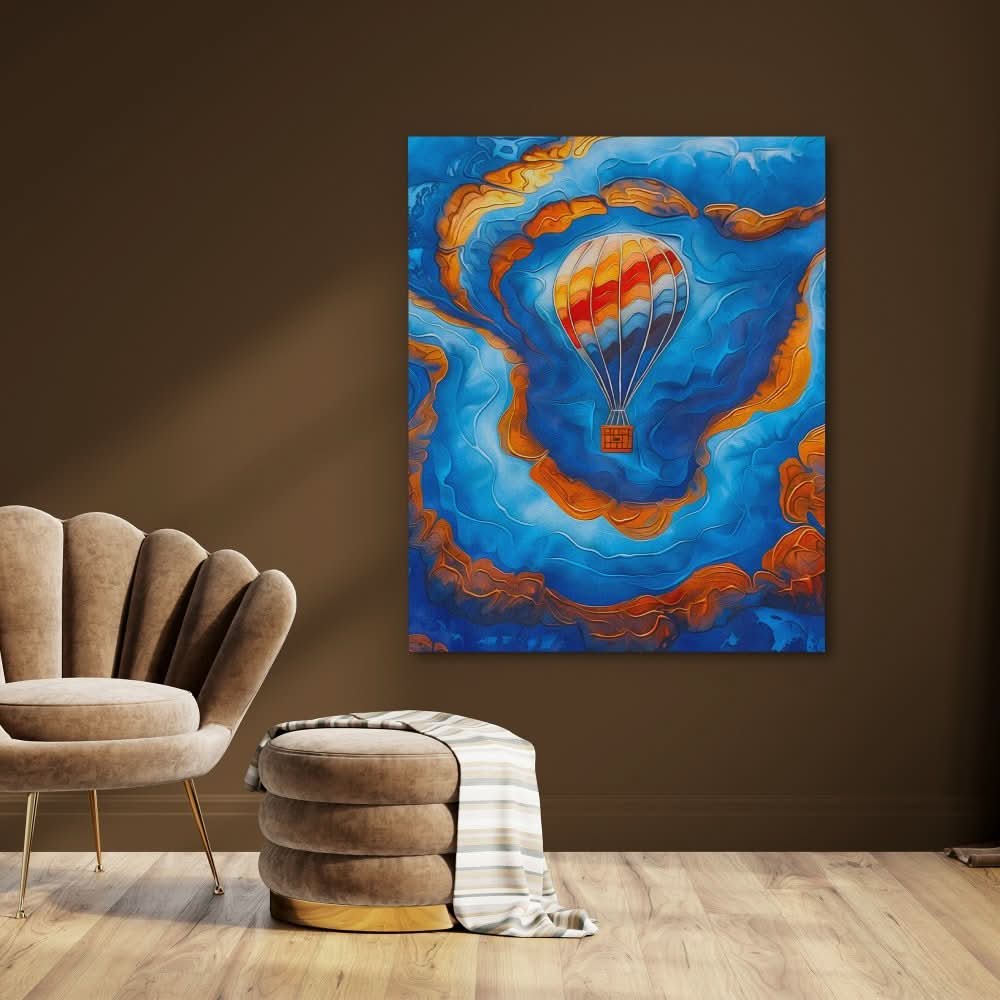 Blue Gold Hot Air Balloon - Large Abstract Canvas Print