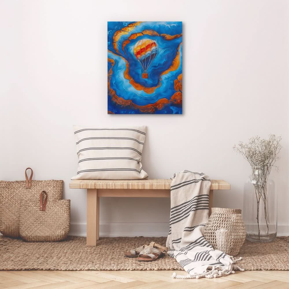 Blue Gold Hot Air Balloon - Blue Gold and White Art for Bedroom